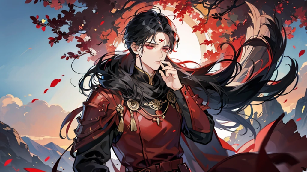 A warrior with red and black armor and long black hair and a mask covering his mouth, meditating in a tree.