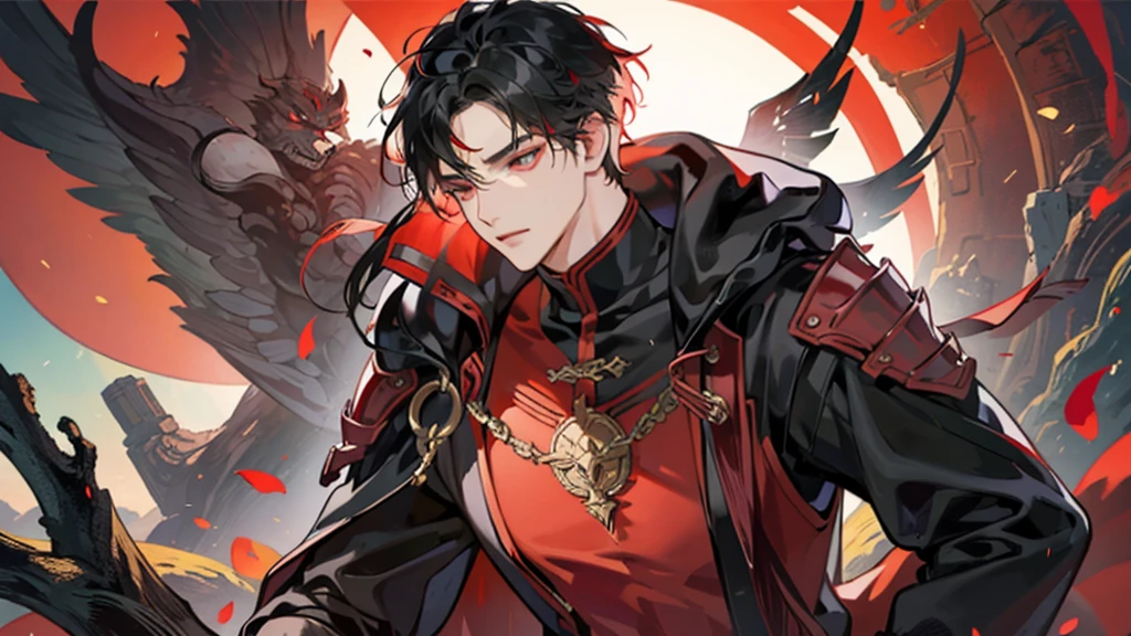 A warrior with red and black armor and long black hair and a mask covering his mouth, meditating in a tree.