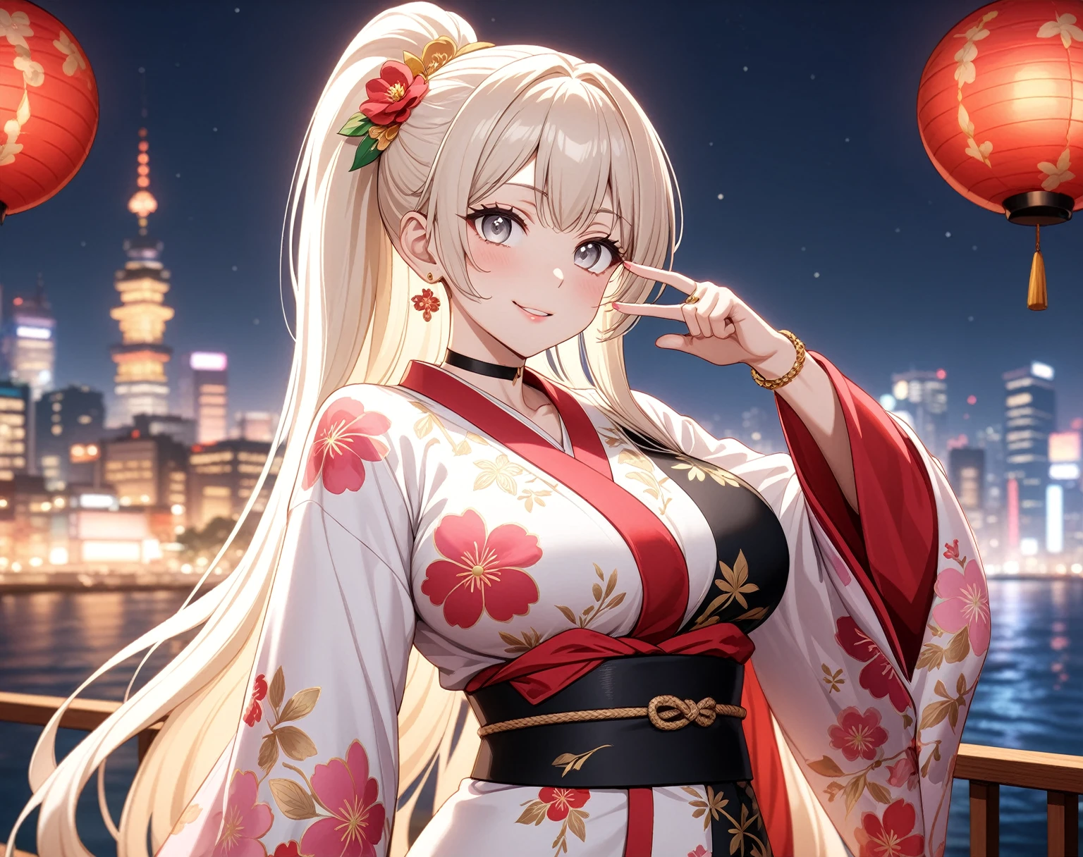 ((Two Women)), Beautiful Face, (Laughing embarrassedly), ((laugh)), ((Wink:1.8)), ((facing at viewer:1.3)), Laugh with your mouth wide open,((Bright red cheeks:1.4)),Shiny red lips, night,横浜のnight景,You can see the ocean, firework,Glossy pink lips,Facial lighting,((Anime style background)),masterpiece, Highest quality, so beautiful,up to date, Complex details, (4fingers and 1thumbs), (Pink long nails), (ring),(bracelet),(choker),AI-generated, Complex,High resolution, Highest quality, super high quality,3D Images、3D Images,One person,Long white hair in a high ponytail, ((Fine grain、Silvery white eyes、Shining Eyes:1.4)), (Squint your eyes:1.1), Long blonde hair in a high ponytail, ((Fine grain、Pale eyes、Shining Eyes:1.4)), (Squint your eyes:1.1), Anime woman posing for a photo, a hyperRealistic , hyperRealistic , Realistic,Anime woman with long white hair, Smooth anime CG art, A woman in a colorful kimono with gold embroidery, (Black long sleeve kimono),(Pink long sleeve kimono), Red floral pattern,Long flower hair ornament,Earrings,Mature Body,(Big Breasts:1.1),Tall,Abdominal muscles,Narrow waist,(Zoom in on face),