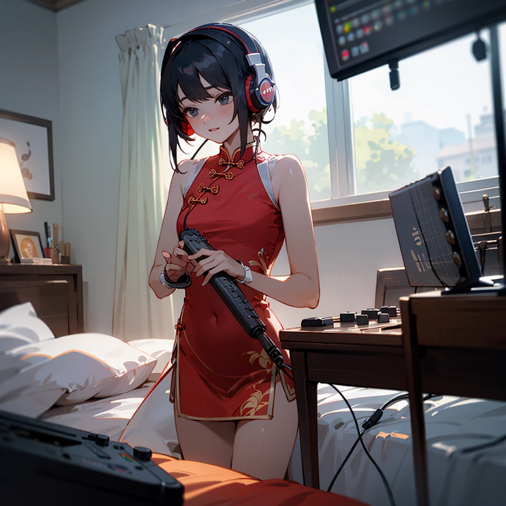 A beauty in her bedroom，Playing with headphones，The bedroom is filled with various electronic devices and musical instruments.，cheongsam，