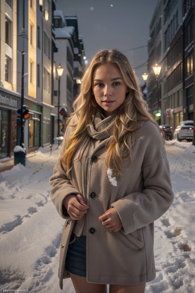 professional portrait photograph of a gorgeous Norwegian girl in winter clothing with long wavy blonde hair, sultry flirty look, gorgeous symmetrical face, cute natural makeup, wearing elegant warm winter fashion clothing, ((standing outside in snowy city street)), stunning modern urban environment, ultra realistic, concept art, elegant, highly detailed, intricate, sharp focus, depth of field, f/1. 8, 85mm, medium shot, mid shot, (((professionally color graded))), bright soft diffused light, (volumetric fog), trending on instagram, hdr 4k, 8k