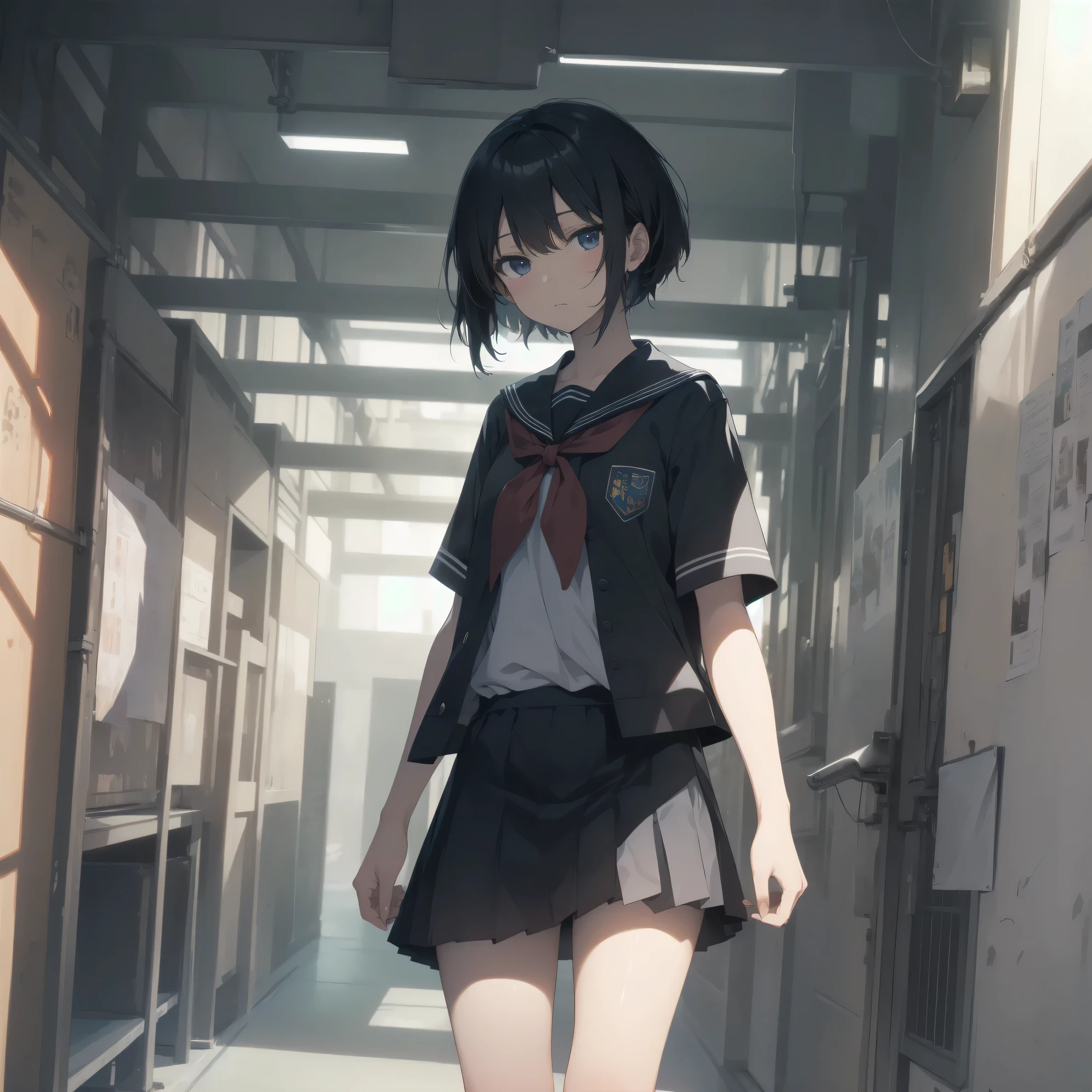 ultra-absurdres-Top quality by artist God, ultra-detailed, high resolution, anime moe artstyle, best anime 8k konachan wallpaper, pixiv contest winner, pool:2810, perfect anatomy,break, 1girl, (Please draw a girl walking sleepily to school alone. )break,(Solo,little female, 13-year-old:1.3),Full limbs, complete fingers,a junior high school student, (very short hair), short cut, flat chest, , small butt, small black eyes, beautiful detailed eyes, well-proportioned iris and pupils, expressive eyes, highres detailed hair, soft expression, salor school_uniform, sailor collar, serahuku, bow, pleated skirt,(Detailed Lighting), (Detailed background), in the School commute route. break,super detailed skin, Best cinematic lighting powered by famous artist, 8k,beauty illustration,photoshop_(medium),very aesthetic,break,((artist:sincos )), artist:clamp ,artist:carnelian ,artist:kantoku ,