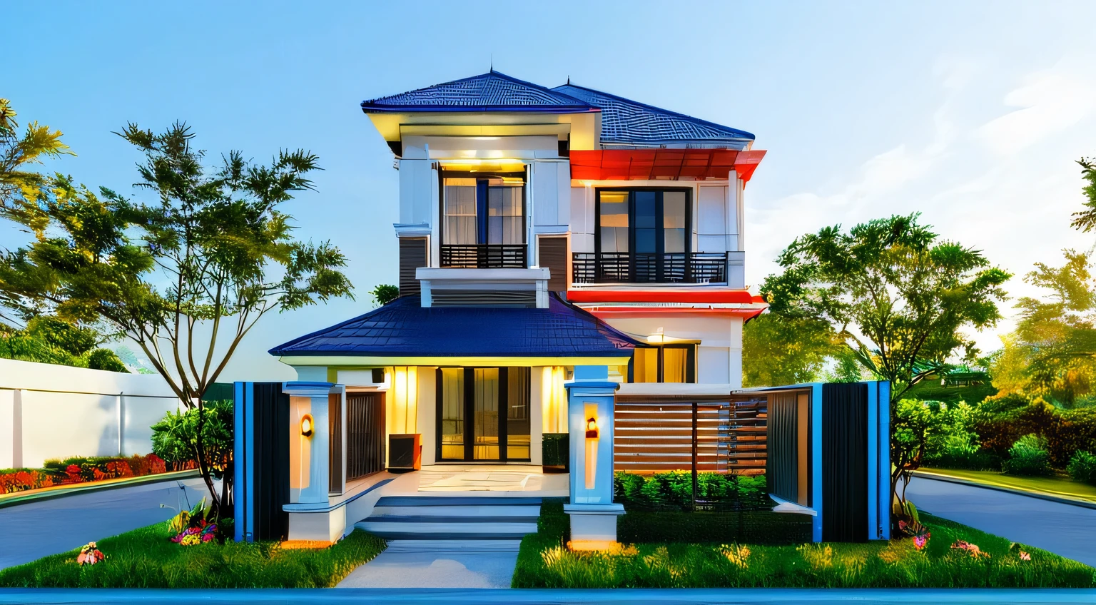 Raw photo,Masterpiece, high quality, best quality, authentic, super detail,
exterior, outdoors, house, Nhamainhat, aiaigroup on the tropical garden, minimalist line,onestoreyvilla, modern style, gray tile roof
brick yard,grass,tropical trees, sky, (day:1.1),Tropical garden background