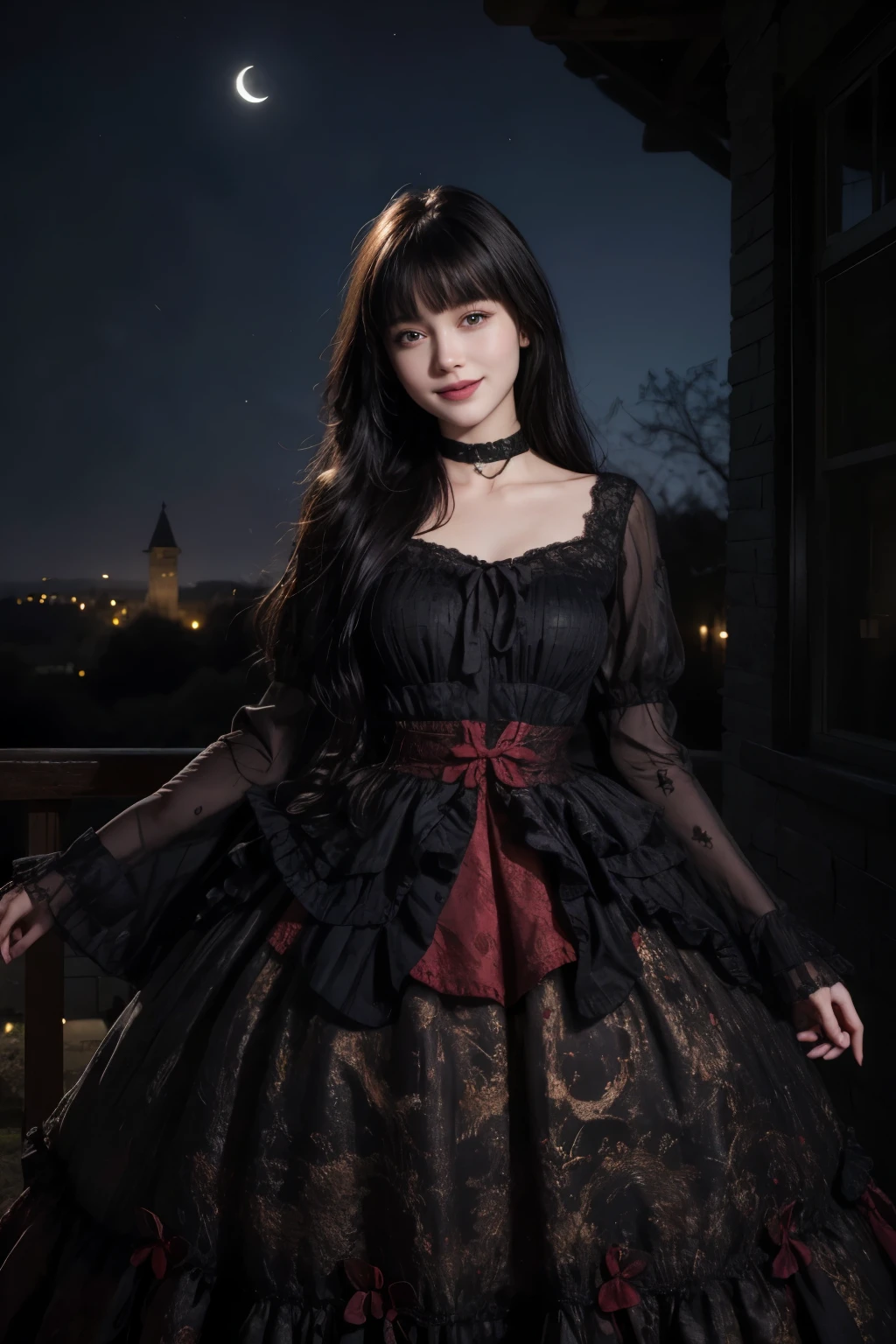 best quality, masterpiece, realistic, 1 woman, alone, cowboy shot, long black hair, straight hair, blunt bangs, looking at viewer, laugh, raw dress, layered dress, flounce, choker, long dress, long sleeves, wide sleeves, castle, night, moon, detailed background,