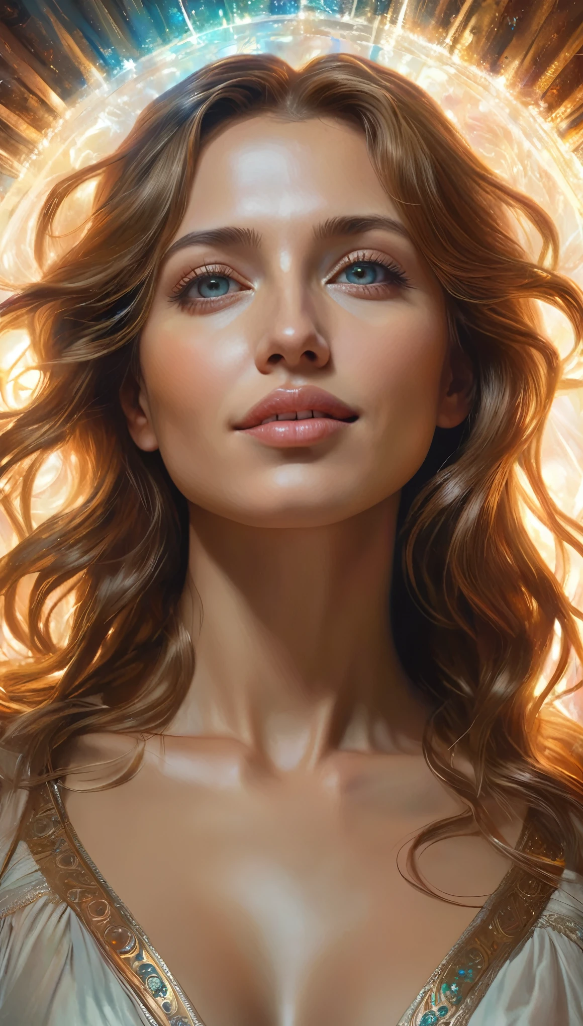 (best quality,4k,8k,highres,masterpiece:1.2), ultra-detailed, (realistic,photorealistic,photo-realistic:1.37),Close-up portrait of the most beautiful angel in the universe, D & D, face, Fantasy, complicated, elegant, Very detailed, Digital Painting, Art Station, Concept Art, Smooth, Sharp focus, figure, ArtJam, Greg Rutkowski, Art by Alphonse Mucha, sexy, iridescent eyes, (winking at viewers:1.5), Surrounded by a mysterious aura, Symmetrical face, (Beautiful luminous eyes:1.4)