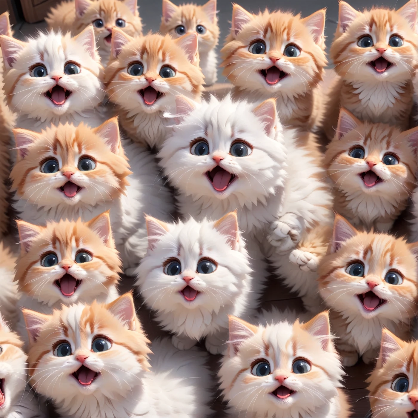 Modison Disney, There are lots of cute fluffy kittens lined up, Adorable, Cute little open mouth, Happy expression, Random hair color, Very detailed, Complex, high quality, High resolution