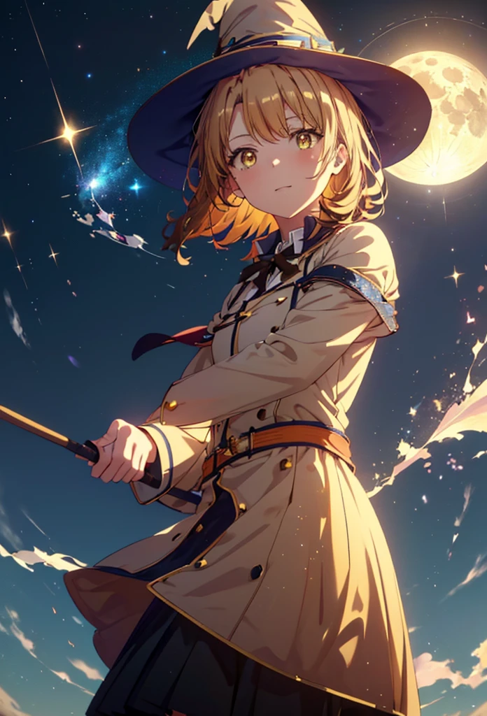 Irohaisshiki, isshiki iroha, short hair, Brown Hair, (Brown eyes:1.5), smile,((Night Sky)),((Big full moon)),((Sparkling and colorful stars)),Fluffy hair,((Idol style costume with soft volume)),Long skirt,((gorgeous wizard hat)),((witch)),(magic wand with a jewel on the tip),Explosive Flame,
break outdoors, forest,forest
break looking at viewer,Upper Body,
break (masterpiece:1.2), Highest quality, High resolution, unity 8k wallpaper, (shape:0.8), (Narrow and beautiful eyes:1.6), Highly detailed face, Perfect lighting, Extremely detailed CG, (Perfect hands, Perfect Anatomy),