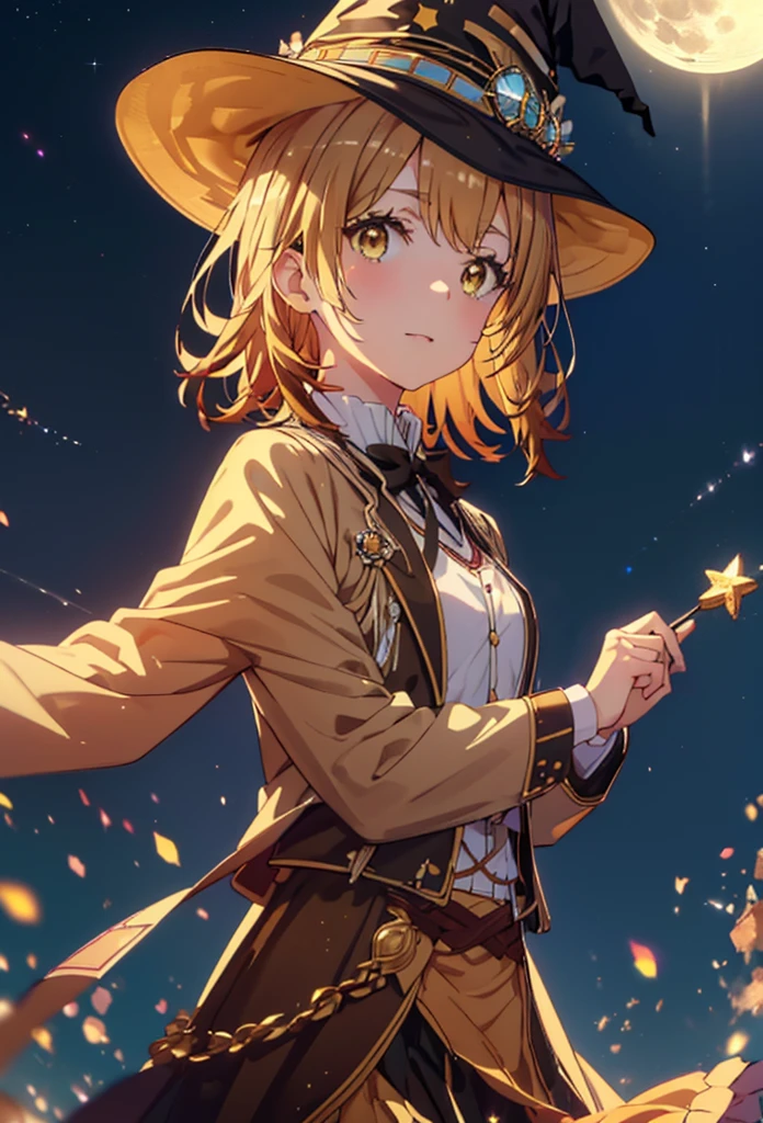 Irohaisshiki, isshiki iroha, short hair, Brown Hair, (Brown eyes:1.5), smile,((Night Sky)),((Big full moon)),((Sparkling and colorful stars)),Fluffy hair,((Idol style costume with soft volume)),Long skirt,((gorgeous wizard hat)),((witch)),(magic wand with a jewel on the tip),Explosive Flame,
break outdoors, forest,forest
break looking at viewer,Upper Body,
break (masterpiece:1.2), Highest quality, High resolution, unity 8k wallpaper, (shape:0.8), (Narrow and beautiful eyes:1.6), Highly detailed face, Perfect lighting, Extremely detailed CG, (Perfect hands, Perfect Anatomy),