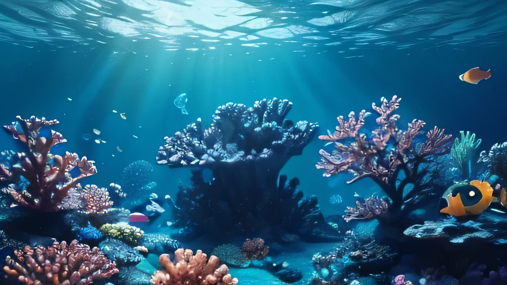 stunning detailed fantasy underwater scene, 1 school of fish, vibrant colorful coral reef, glowing bioluminescent plankton, shimmering bubbles, mysterious deep blue ocean, dramatic dramatic lighting, ethereal and serene atmosphere, high quality 8k, award winning concept art