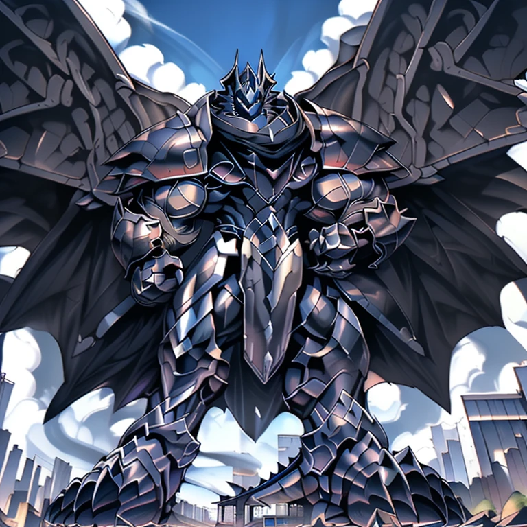 (masterpiece. official art. 8k. best quality. detailed full body. full body.)
(situation 1 : dominating demon lord dragon batzz. focus Colossus mechanical Muscular demon lord dragon batzz is trampling the CITY. macro. stomp. Low-angle perspective. emphasizing the immense size. The perspective is from below, emphasizing the sheer majesty and power of the Colossus. Colossus art. He is much bigger than a skyscraper. Giga Colossuss. micro soccer field. looking down.)

(situation 2 :smoke and flames rising from the destruction in the city. macro. stomp. Low-angle perspective. emphasizing the immense size. The perspective is from below, emphasizing the sheer majesty and power of the Colossus. Colossus art. He is much bigger than a skyscraper. Giga Colossuss. looking down.)

(Additional details 1: wearing a full-face helmet. helmet is jet black. The color of NANOSUIT is jet black. high-tech bio-mecha armor. real texture material. whole body shines like metal. Wearing cyberpunk mecha. emphasizes the muscles. suit fully made of metal. intricate armor. Robotic suit. suit fully made of metal. NANOSUIT with the same design as demon lord dragon batzz.). (demon lord dragon batzz has 5 toes.)

(Additional details 2: (Detailed head. Detailed Body. Detailed abs. gigantic muscles. HYPER MUSCLES. Gigachad Muscular. big muscle. pecs. triceps. traps. unusually developed muscular body. body full of huge muscles. showing off muscles. pectorales enormes. Exaggeratedly huge muscles. huge muscles. long legs.).

(Additional details 3: nj5furry, Spread wings. It has wings. black have big wings. The claws are sharp. He wears a black cloak on his back.). 