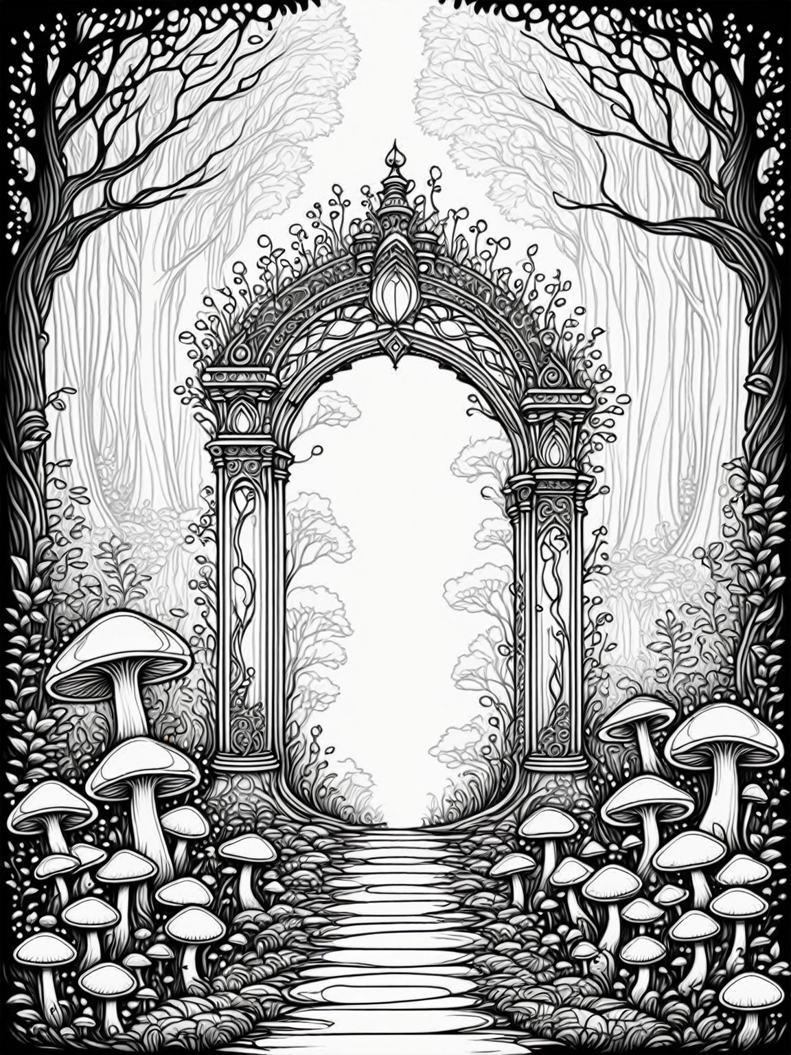 Intricate line art of a magical forest entrance, ornate gateway, glowing mushrooms, black and white illustration, coloring book style, white background, detailed pen drawing, high contrast, clean lines, suitable for coloring, vector-like, easy to color
