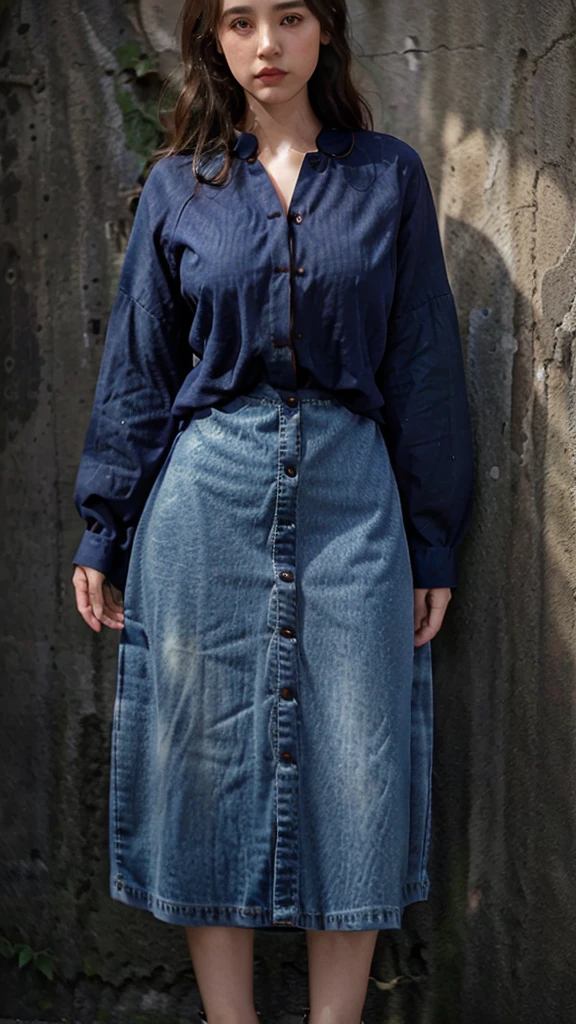 full body potrait of french woman, wearing dark blue denim dress with open button up, perfect clothes, symmetrical clothes, realistic face, model pose