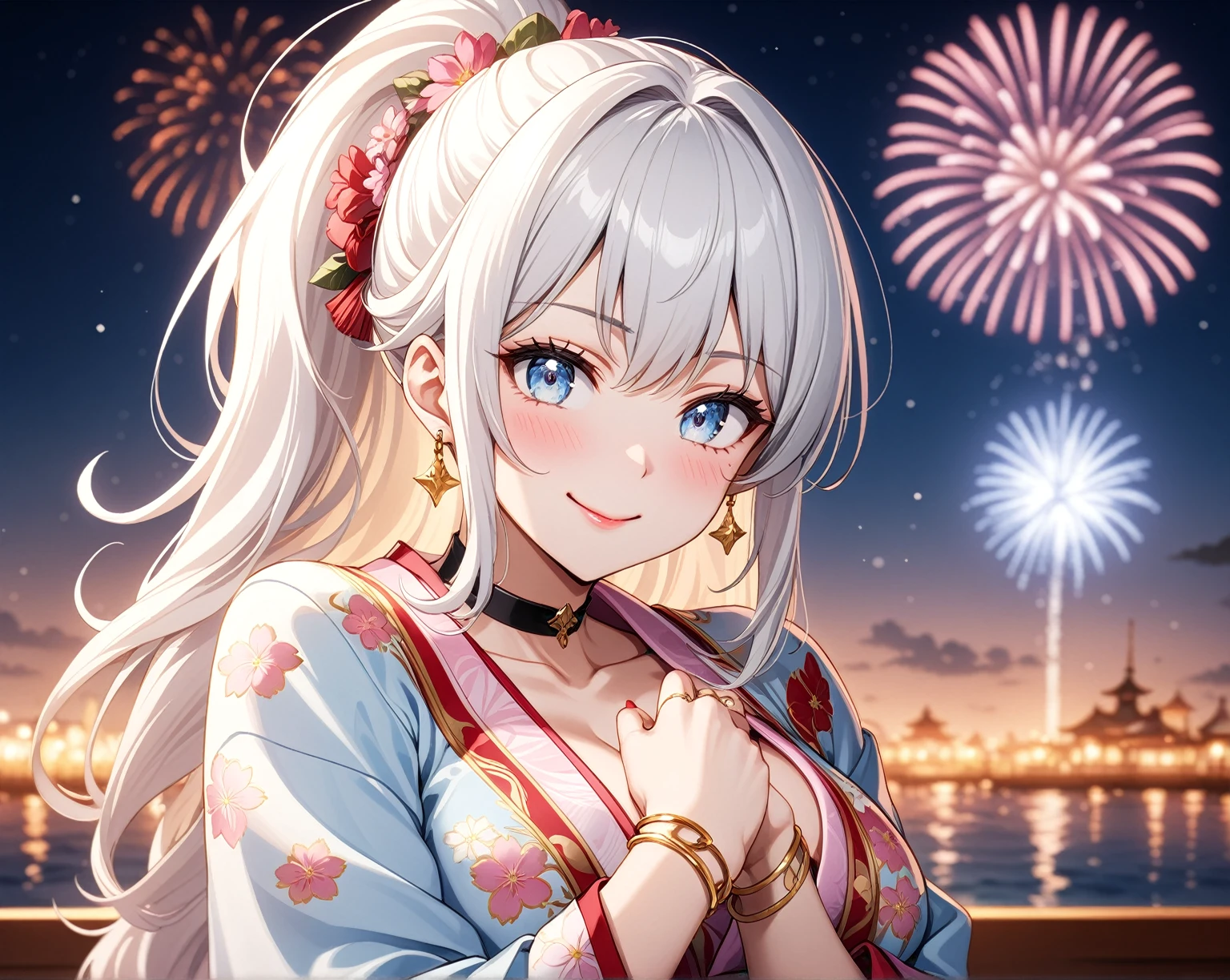 ((Two Women)), Beautiful Face, (Laughing embarrassedly), ((laugh)), ((Wink:1.8)), ((hug from behind)), Laugh with your mouth wide open,((Bright red cheeks:1.4)),Shiny red lips, night,横浜のnight景,You can see the ocean, firework,Glossy pink lips,Facial lighting,((Anime style background)),masterpiece, Highest quality, so beautiful,up to date, Complex details, (4fingers and 1thumbs), (Pink long nails), (ring),(bracelet),(choker),AI-generated, Complex,High resolution, Highest quality, super high quality,3D Images、3D Images,One person,Long white hair in a high ponytail, ((Fine grain、Silvery white eyes、Shining Eyes:1.4)), (Squint your eyes:1.1), Long blonde hair in a high ponytail, ((Fine grain、Light blue eyes、Shining Eyes:1.4)), (Squint your eyes:1.1), Anime woman posing for a photo, a hyperRealistic , hyperRealistic , Realistic,Anime woman with long white hair, Smooth anime CG art, A woman in a colorful kimono with gold embroidery, (Black long sleeve kimono),(Pink long sleeve kimono), Red floral pattern,Long flower hair ornament,Earrings,Mature Body,(Big Breasts:1.1),Tall,Abdominal muscles,Narrow waist,(Zoom in on face),