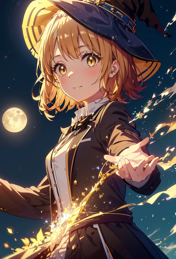 Irohaisshiki, isshiki iroha, short hair, Brown Hair, (Brown eyes:1.5), smile,((Night Sky)),((Big full moon)),((Sparkling and colorful stars)),Fluffy hair,((Idol style costume with soft volume)),Long skirt,((gorgeous wizard hat)),((witch)),(magic wand with a jewel on the tip),Explosive Flame,
break outdoors, forest,forest
break looking at viewer,Upper Body,
break (masterpiece:1.2), Highest quality, High resolution, unity 8k wallpaper, (shape:0.8), (Narrow and beautiful eyes:1.6), Highly detailed face, Perfect lighting, Extremely detailed CG, (Perfect hands, Perfect Anatomy),