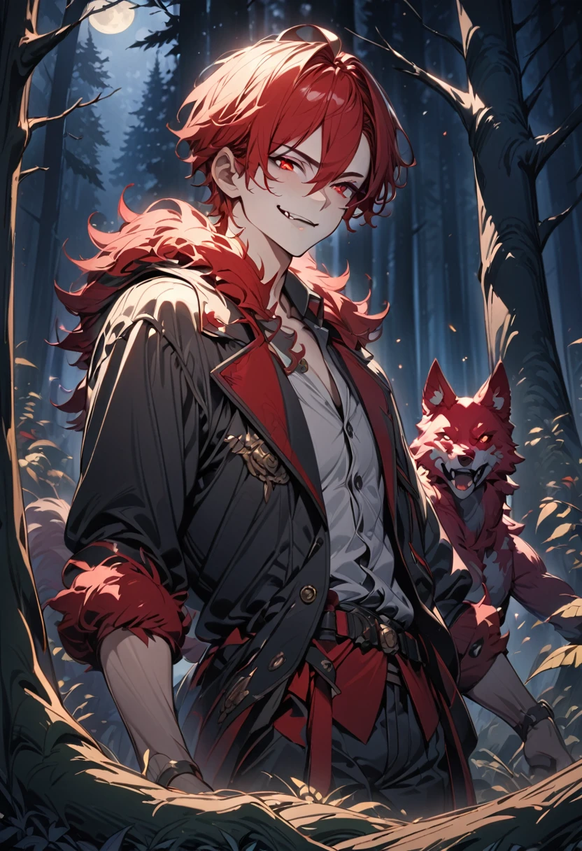 (award winning, 8k, super detailed, high resolution, best quality), (a young man with red hair and black jacket, smirk face and shadow of a werewolf with red velvet fur, detailed red eyes, extremely detailed face and features, detailed fangs, in a dark mysterious forest at night, moonlight shining, mist, old trees, moonlit forest, moody lighting, atmospheric