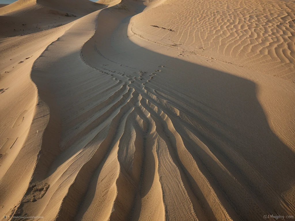 The desert landscape is a mesmerizing tapestry of undulating sand dunes and intricate patterns formed by wind erosion. The primary subject of this image is the vast expanse of the desert, showcasing the natural beauty and unique textures created by the forces of nature. This visually stunning photograph captures the contrast between the smooth, rolling dunes and the sharp, detailed patterns etched into the sand. The colors range from warm earth tones to cool blues and greys, blending seamlessly in a harmonious display of texture and form. Every detail is crisp and clear, inviting viewers to immerse themselves in the serene and captivating beauty of the desert landscape.