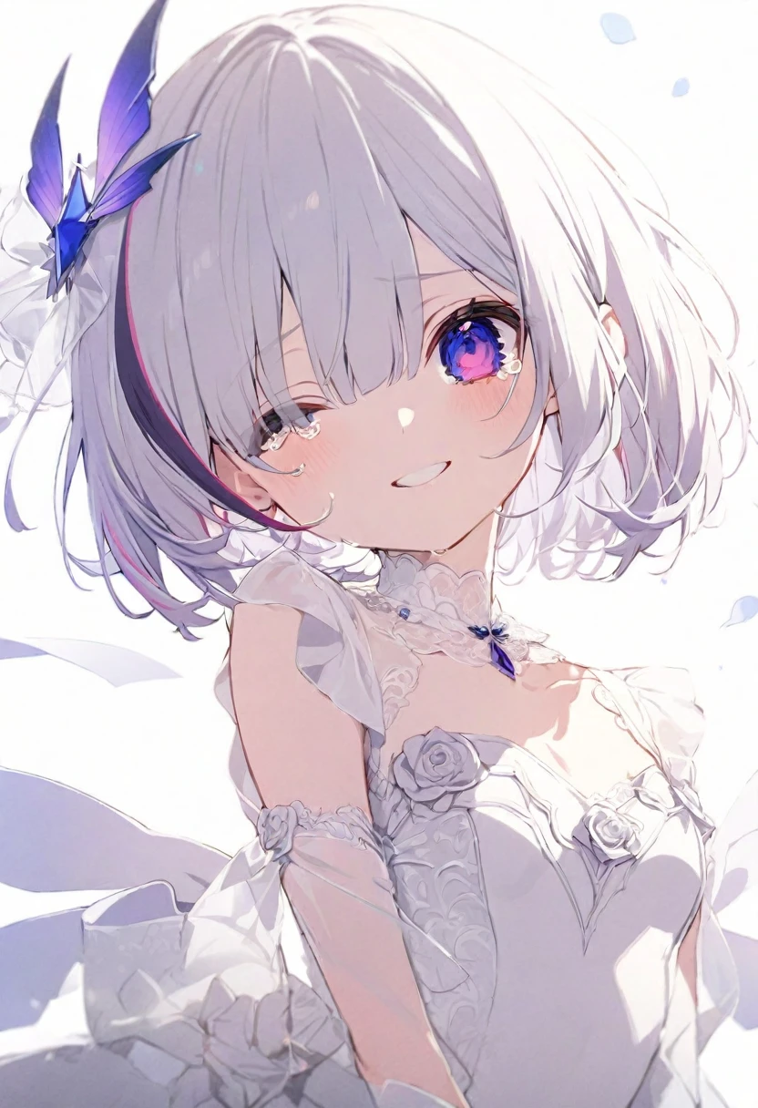 (muste piece), (best quality), very detailed eyes, expressive eyes, perfect face, very detailed face, highly detailed face, beautiful girl, 8K, beautiful girl, white background background, delicate and beautiful face and eyes, dark intense shadow,
1 girl, vtuber style, cool girl, hololive,amane kanata, streaked hair, short hair, Wedding dress, small chest, cropped shoulders, clavicle, one eye close, tears, smile with tears, body visible through clothes, chest visible through clothes, (full body), looking at viewer, standing,