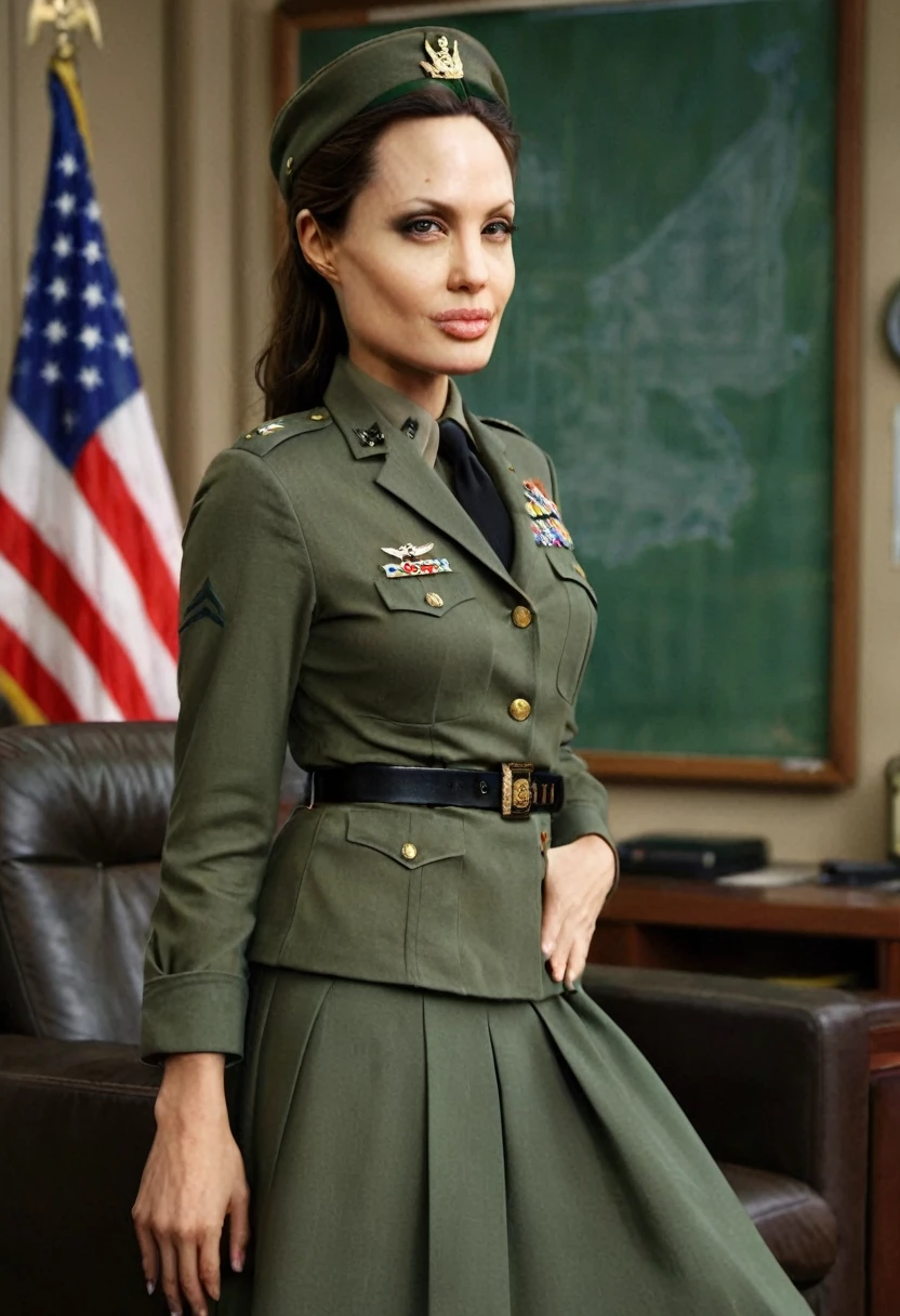 Angelina Jolie, wearing the uniform of a highly decorated general, inside an army base, general hat, skirt, beautiful, realistic, 4k, cinematic lighting, cowboy shot, ohwx woman,ohwx, serious expression 