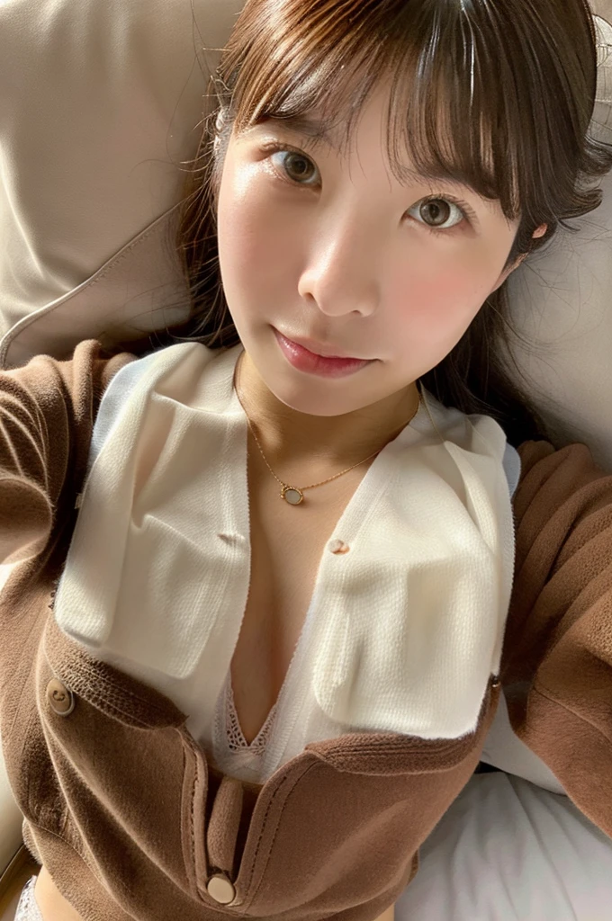nsfw, (wearing camisole, :1.4), panties (selfie shot:2), on bed,(Close Up: chest:1.8),(from above:1.5),(medium breasts:1.3), lity, 1 beautiful Japanese woman, teen,high school stud(18 years old), (embarrassed:1.4),medium hair, (brown hair:1.3), Ultra-realistic capture, Highly detailed, High resolution 16k close-up of human skin. Skin texture must be natural, With such detail that pores can be finely identified. Skin should look healthy, In a uniform tone. Use natural light and color,