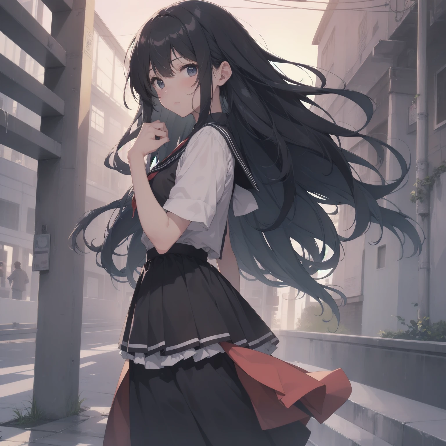 ultra-absurdres-Top quality by artist God, ultra-detailed, high resolution, anime moe artstyle, best anime 8k konachan wallpaper, pixiv contest winner, pool:2810, perfect anatomy,break, 1girl, (Please draw a girl walking sleepily to school alone. )break,(Solo,little female, 13-year-old:1.3),Full limbs, complete fingers,a junior high school student, (very short hair), short cut, flat chest, , small butt, small black eyes, beautiful detailed eyes, well-proportioned iris and pupils, expressive eyes, highres detailed hair, soft expression, salor school_uniform, sailor collar, serahuku, bow, pleated skirt,(Detailed Lighting), (Detailed background), in the School commute route. break,super detailed skin, Best cinematic lighting powered by famous artist, 8k,beauty illustration,photoshop_(medium),very aesthetic,break,((artist:sincos )), artist:clamp ,artist:carnelian ,artist:kantoku ,