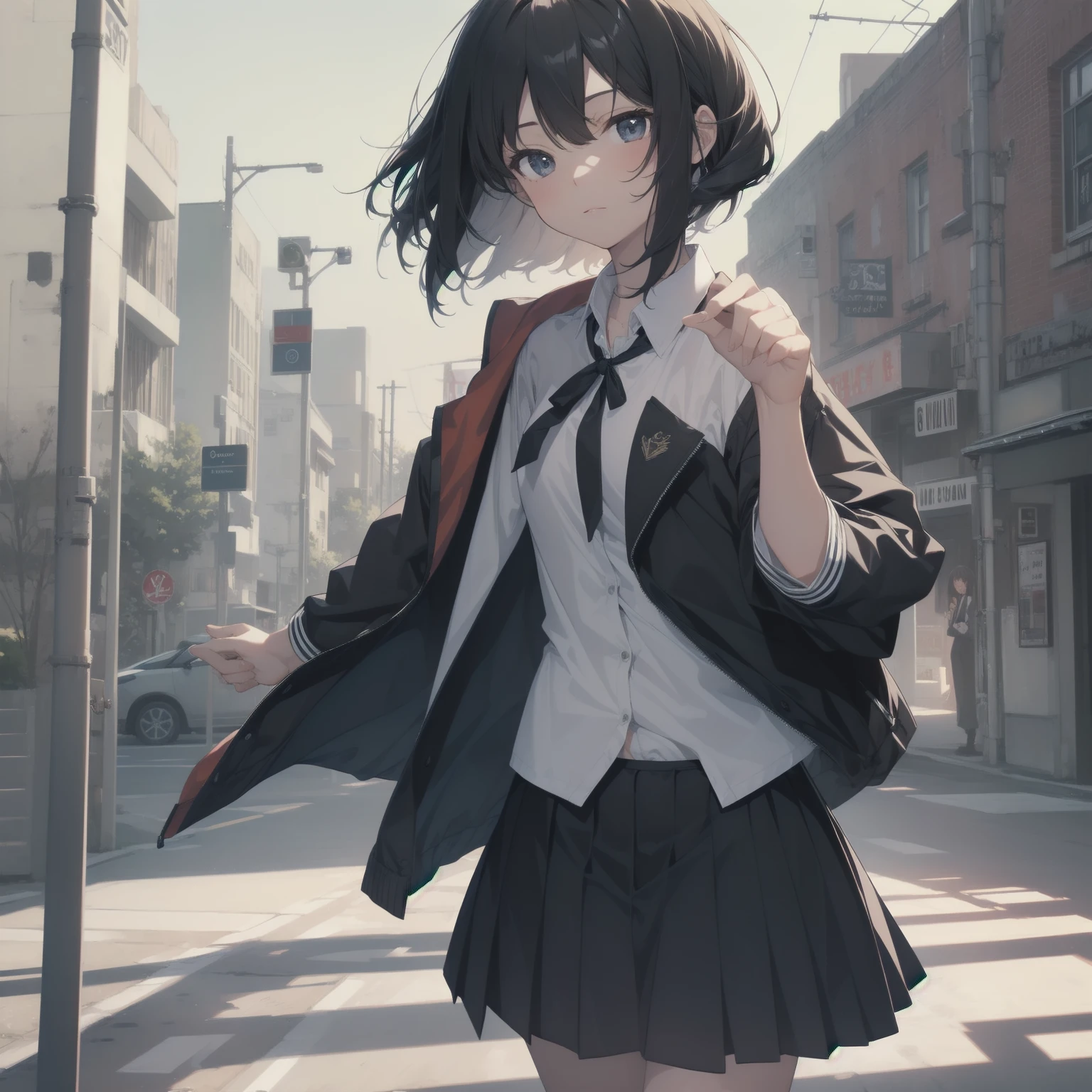 ultra-absurdres-Top quality by artist God, ultra-detailed, high resolution, anime moe artstyle, best anime 8k konachan wallpaper, pixiv contest winner, pool:2810, perfect ???????,break, 1girl, (Please draw a girl walking sleepily to school alone. )break,(Solo,little female, 13-year-old:1.3),Full limbs, complete fingers,a junior high school student, (very short hair), short cut, flat chest, , small butt, small black eyes, beautiful detailed eyes, well-proportioned iris and pupils, expressive eyes, highres detailed hair, soft expression, salor school_uniform, sailor collar, serahuku, bow, pleated skirt,(Detailed Lighting), (Detailed background), in the School commute route. break,super detailed skin, Best cinematic lighting powered by famous artist, 8k,beauty illustration,photoshop_(medium),very aesthetic,break,((artist:sincos )), artist:clamp ,artist:carnelian ,artist:kantoku ,
