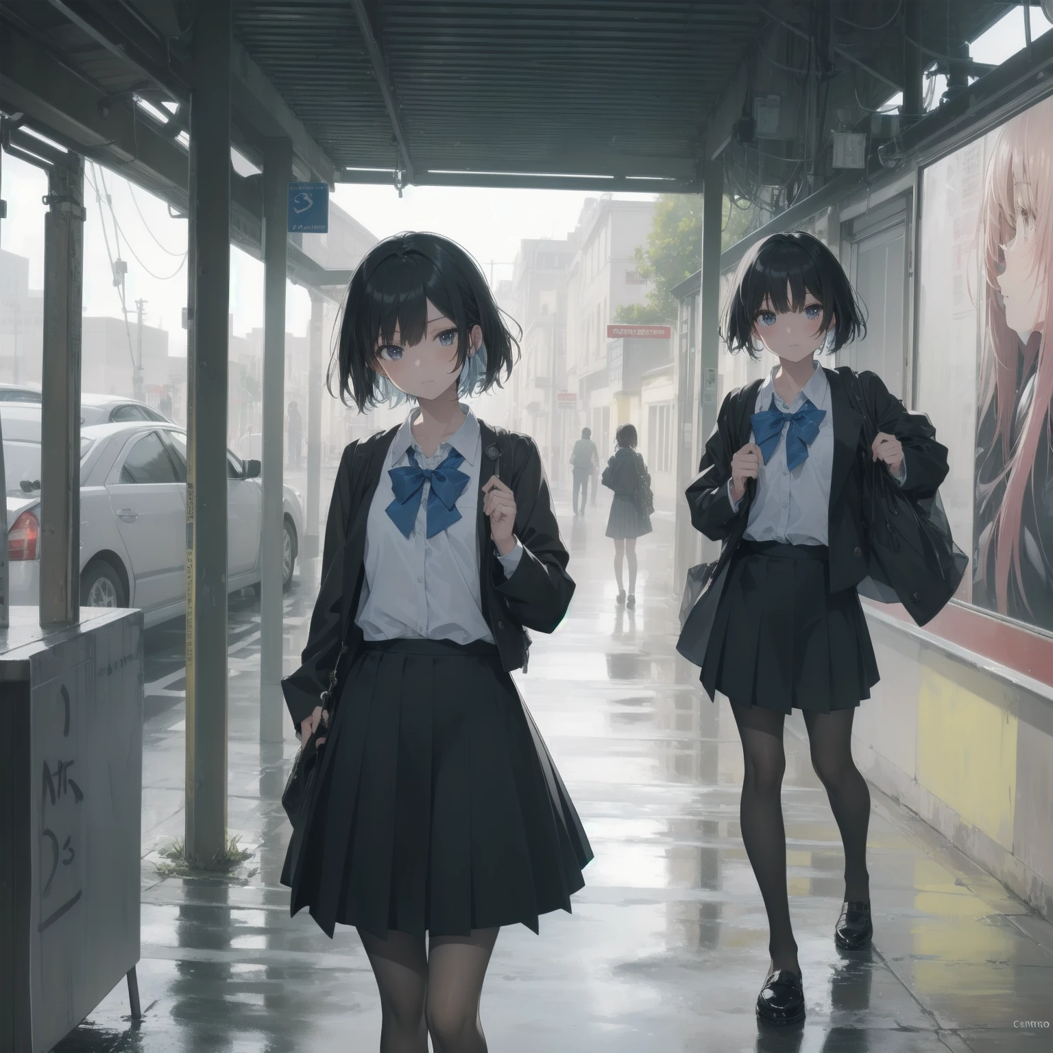 ultra-absurdres-Top quality by artist God, ultra-detailed, high resolution, anime moe artstyle, best anime 8k konachan wallpaper, pixiv contest winner, pool:2810, perfect anatomy,break, 1girl, (Please draw a girl walking sleepily to school alone. )break,(Solo,little female, 13-year-old:1.3),Full limbs, complete fingers,a junior high school student, (very short hair), short cut, flat chest, , small butt, small black eyes, beautiful detailed eyes, well-proportioned iris and pupils, expressive eyes, highres detailed hair, soft expression, salor school_uniform, sailor collar, serahuku, bow, pleated skirt,(Detailed Lighting), (Detailed background), in the School commute route. break,super detailed skin, Best cinematic lighting powered by famous artist, 8k,beauty illustration,photoshop_(medium),very aesthetic,break,((artist:sincos )), artist:clamp ,artist:carnelian ,artist:kantoku ,