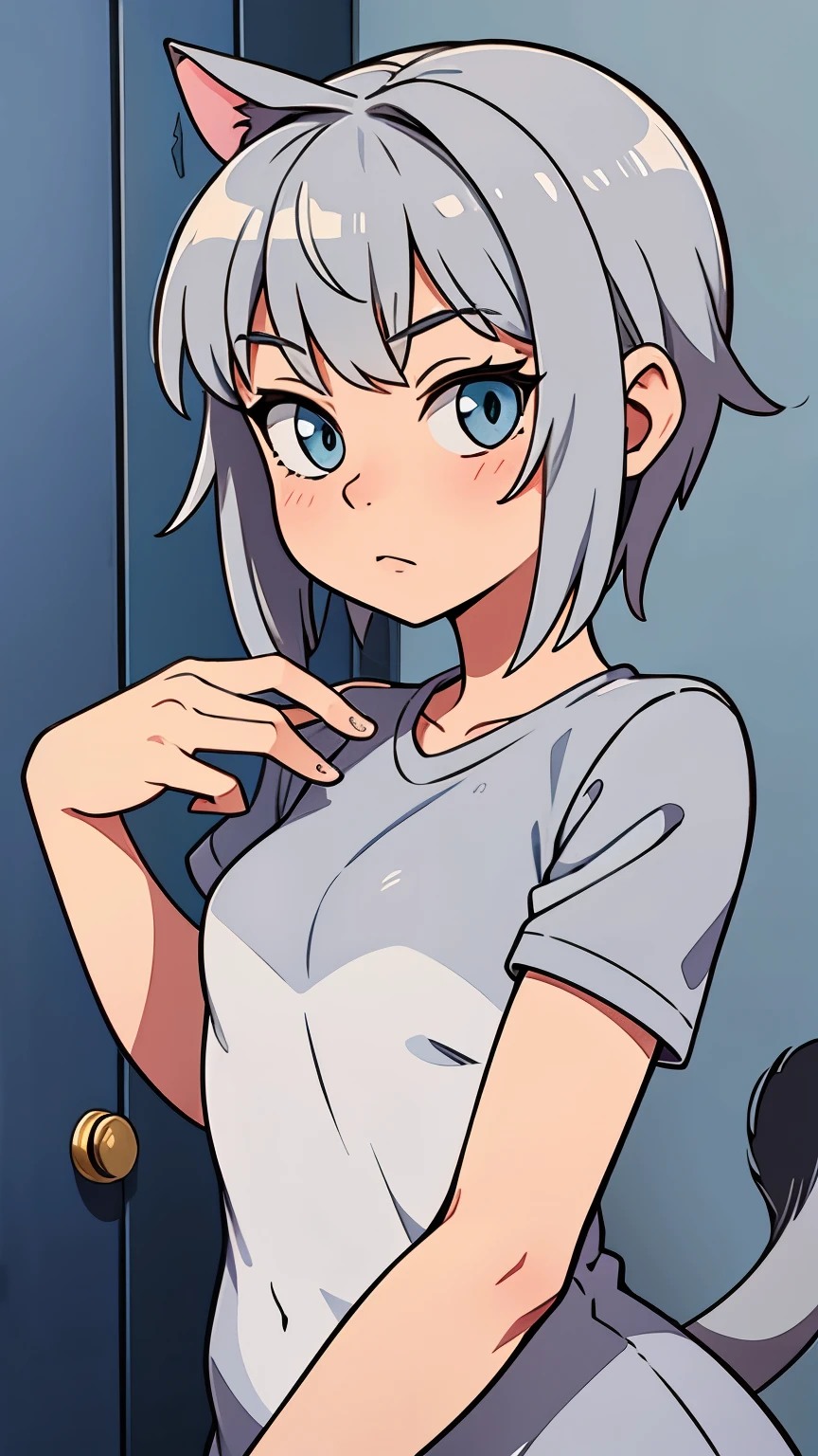 The character is simply drawn of a muller-haired gray cat