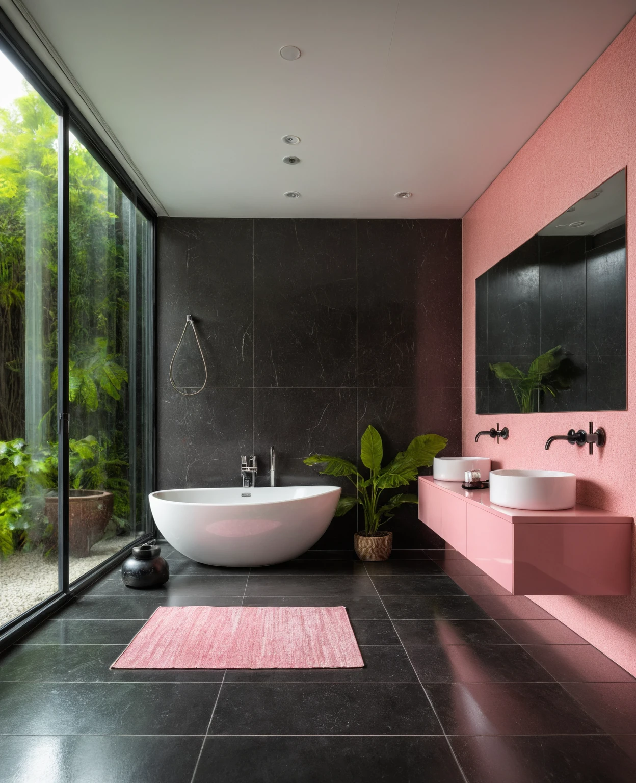 Raw photo,Masterpiece, high quality, best quality, authentic, super detail, interior, bathroom style modern, sunset, day light, window , overlooking tropical garden, ((black and pink tones)), bathtub, faucet, shower, lavatory, glass wall,  bottles, mirror, lavabo, cabinet, wall tiles mosaic, carpet