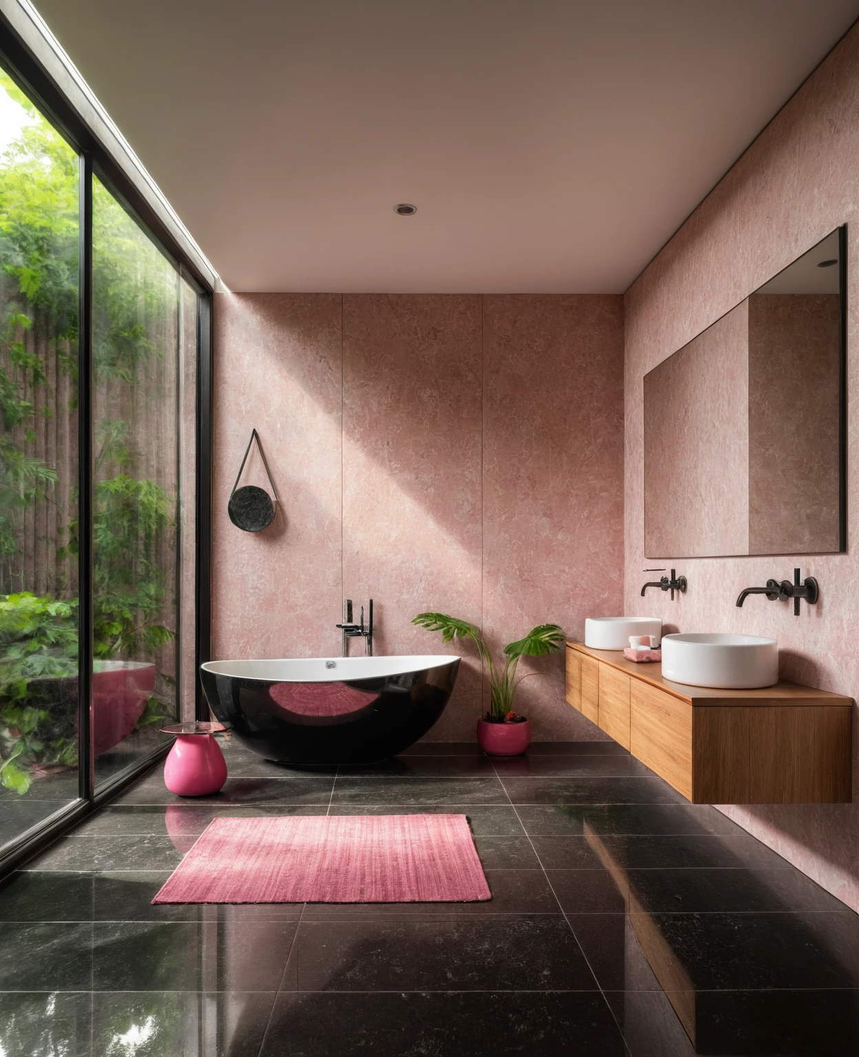 Raw photo,Masterpiece, high quality, best quality, authentic, super detail, interior, bathroom style modern, sunset, day light, window , overlooking tropical garden, ((black and pink tones)), bathtub, faucet, shower, lavatory, glass wall, bottles, mirror, lavabo, cabinet, wall tiles mosaic, carpet