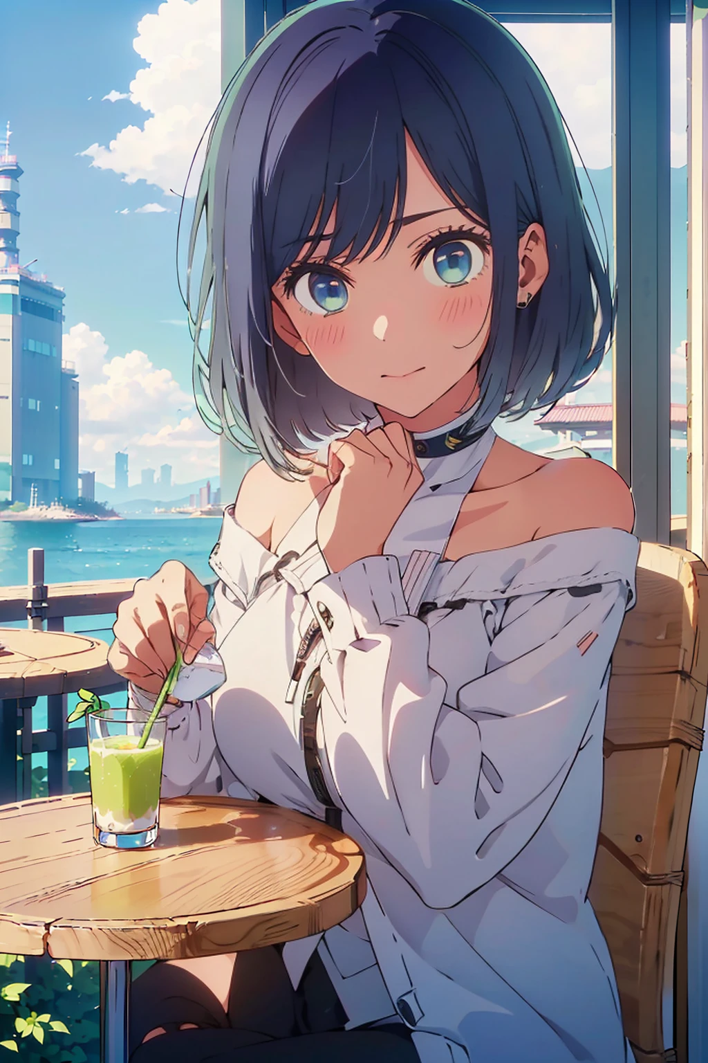 (Highest quality:1.4、8K:1.4、detailed)、F cup bust、Big Breasts、Slim body、Very white beautiful skin、((((1 person、Surprised expression、sit、Chair、In the background are the urban buildings of Tokyo、looking at the camera、Outdoor café terrace、Navy hair color、juice、table、Very cute face))))、((((nude、Areola))))、(Pose with hair tucked behind ears with both hands:1.4、Cheek resting on hand:1.4)、((Off-the-shoulder blouson、Black blouson with zipper))、Nipples、Very blue sky、A completely cloudless sky