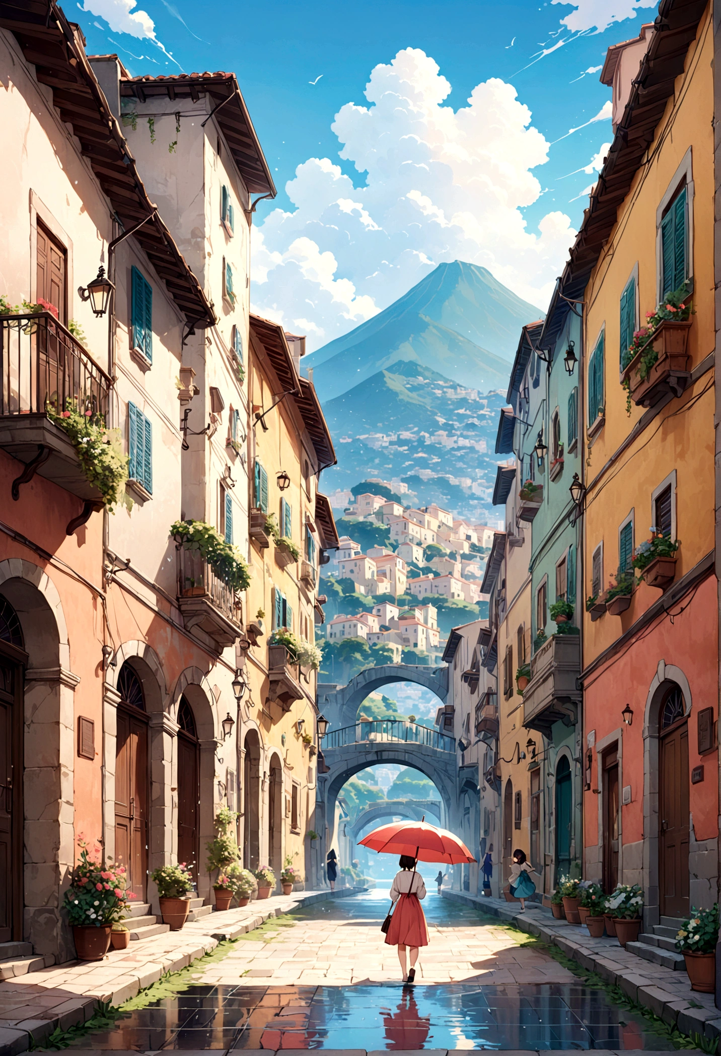 cuteイラスト: landscape,Street corner on a rainy day,絵本に出てくるようなlandscape,Emotional,Girl is walking,break,(Girl with an umbrella),umbrella,Anatomically correct,break,Create an artistic background,Add a drop pattern to the background,The street is colorful, Fairytale-like,This is a cute illustration like a dream.,Blur the lines of the water droplets for an artistic look.,Intricate details,Wide range of colors,artwork,rendering,(masterpiece:1.3),(Highest quality:1.4),(Very detailedな:1.5),High resolution,Very detailed,unity 8k wallpaper,Structurally correct,cute,Naples