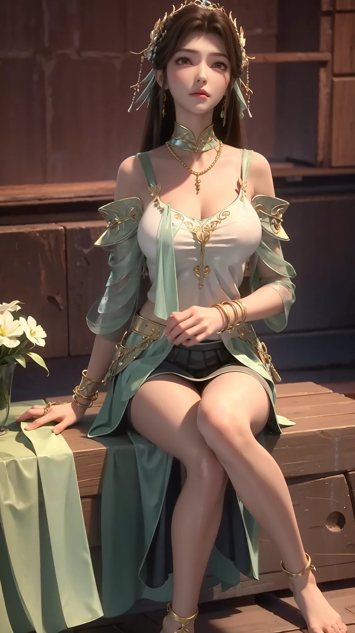 masterpiece, best quality, tthl, 1 Girl, 16 years old, Solitary, Long hair:1.2, Large Breasts, Bangs, Hair accessories, skirt, Bare shoulders, Jewelry, Brown hair, Alternative clothing, bracelet, ear rings, 长skirt, 蕾丝skirt, bracelet, barefoot, 细barefoot, Charming smile,Cross your legs, Sitting in the bathtub, indoors, From below,camisole