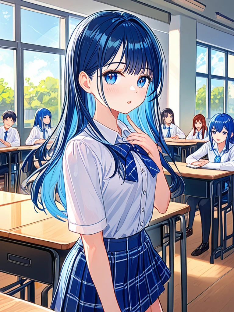 ((masterpiece:1.4)), (best quality), (ultra-detailed), whole body, (female): 1girl, (solo), (perfect face), (detailed outfit), (teenage girl), beautiful female, (face waiting for kiss,), blue hair, long hair, white shirts, (white , blue mini skirt), (background): school room, (sunny) : (masterpiece:1.4), (best quality), (high res) (sharp focus), (depth of field),
