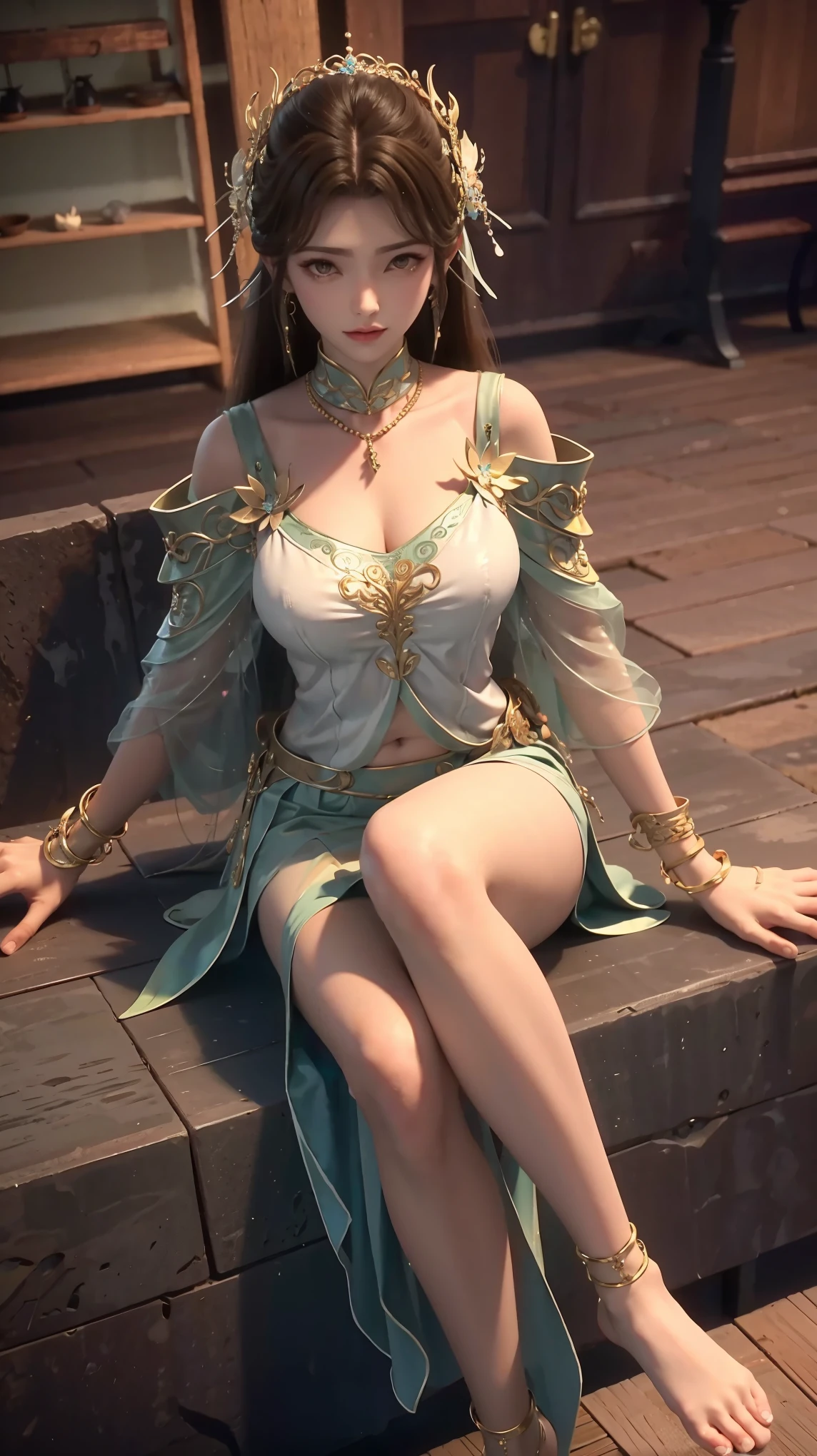 
masterpiece, best quality, tthl, 1 Girl, 16 years old, Solitary, Long hair:1.2, , Bangs, Hair accessories, skirt,  shoulders, Jewelry, Brown hair, Alternative clothing,  bracelet, ear rings, 长skirt, 蕾丝skirt, bracelet, barefoot, 细barefoot, Charming smile,Cross your legs, Sitting in the bathtub, indoors, From below，camisole