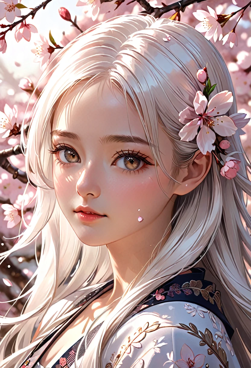 beautiful young woman, long white hair, extremely detailed face, cherry blossom petals, 1girl, portrait, photorealistic, highly detailed, 8k, cinematic lighting, warm color palette, natural lighting, hyper realistic, intricate details, digital art, delicate, elegant, serene, peaceful