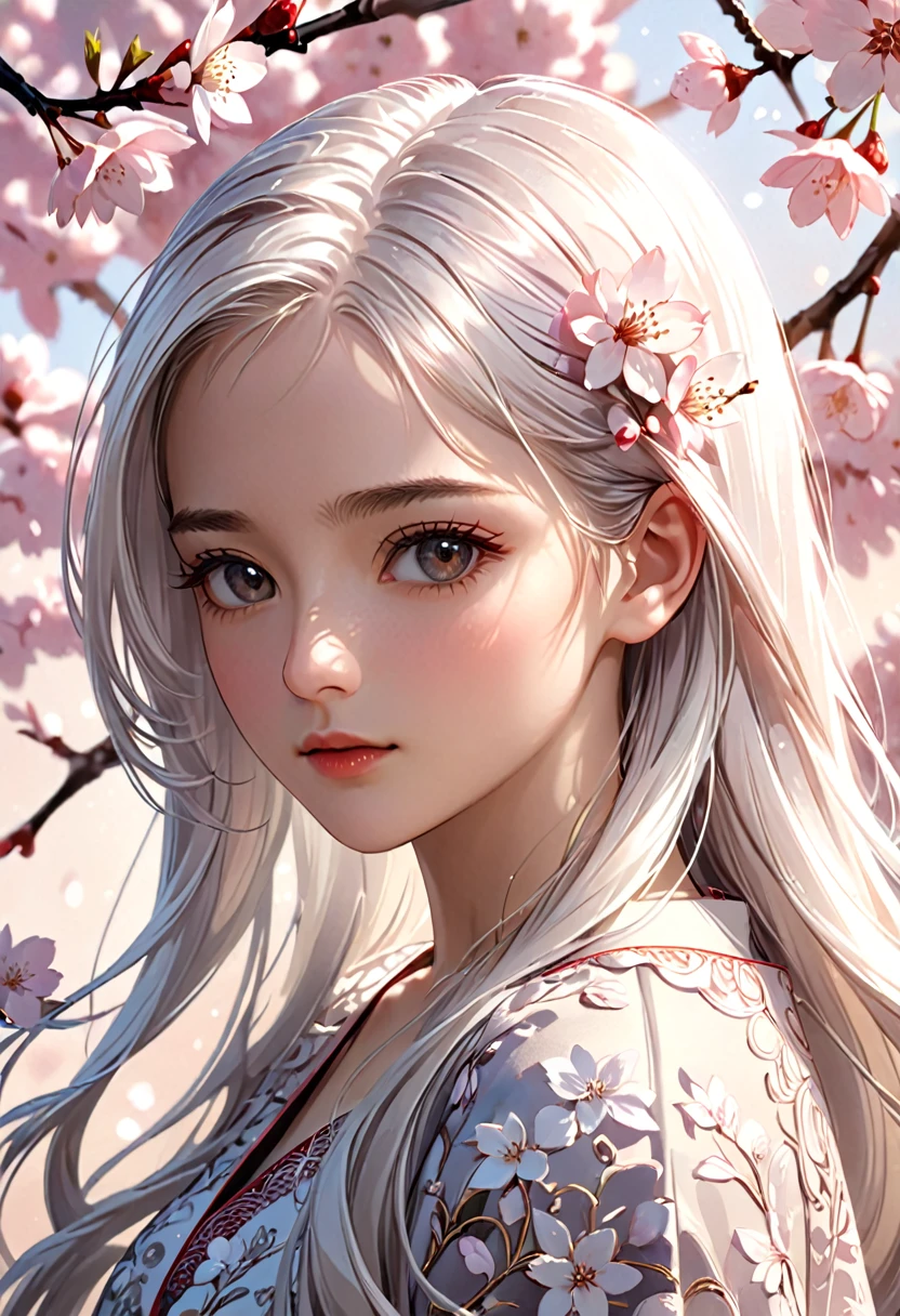 beautiful young woman, long white hair, extremely detailed face, cherry blossom petals, 1girl, portrait, photorealistic, highly detailed, 8k, cinematic lighting, warm color palette, natural lighting, hyper realistic, intricate details, digital art, delicate, elegant, serene, peaceful