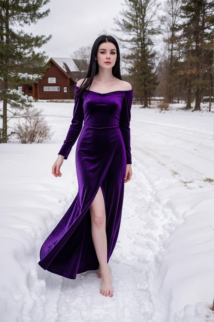 photorealistic, pretty young woman, black hair, pale skin, barefoot, wearing purple velvet dress to her ankles, standing in snow