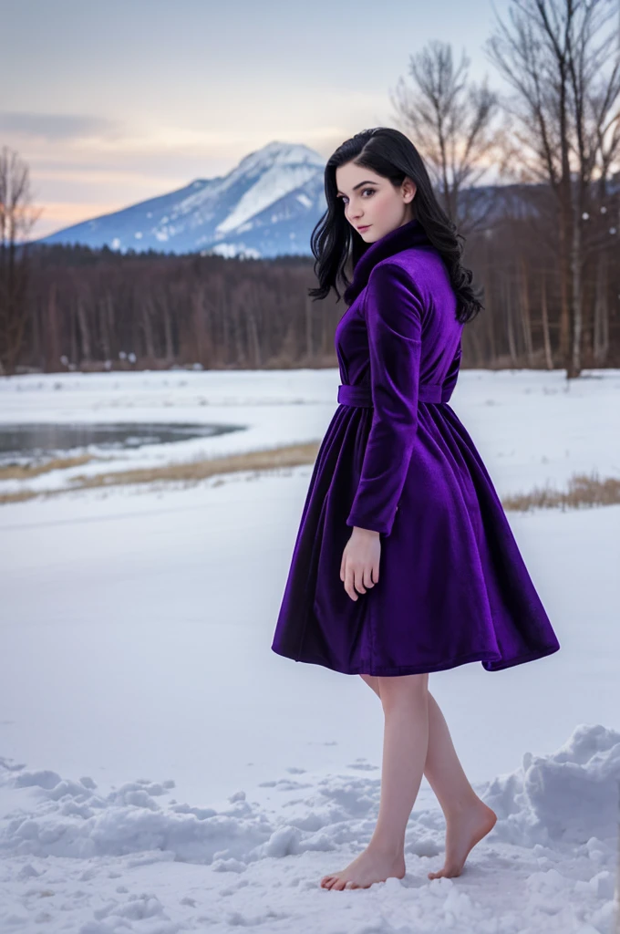 photorealistic, pretty young woman, black hair, pale skin, barefoot, wearing purple velvet dress to her ankles, standing in snow