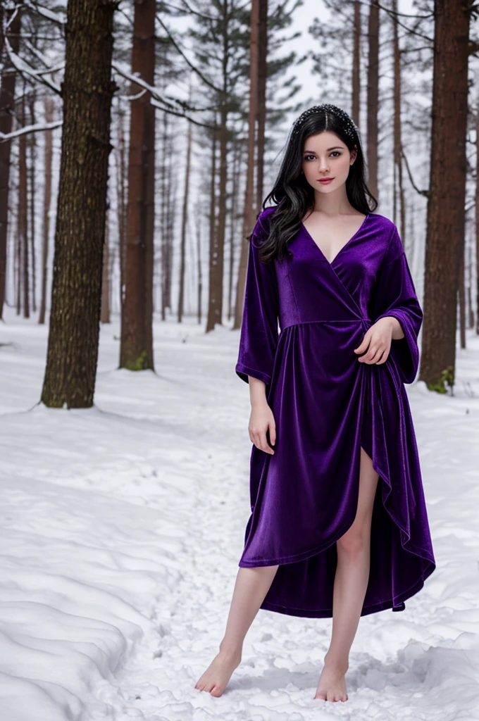 photorealistic, pretty young woman, black hair, pale skin, barefoot, wearing purple velvet dress to her ankles, standing in snow