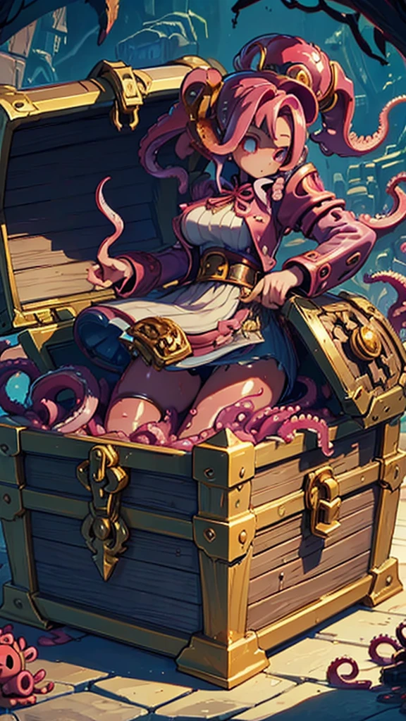 Treasure Box Monster女孩，Fantasy style background，Dungeon Background，The lower body is a box的女孩，Close-up above the waist，Upper body close-up，full身材，full体态，Big breasts，Big breasts，cute，full，Girl with a treasure chest in her lower body，Tentacles，Tentacles，Tentacles，Tentacles，Tentacles头发，装满Tentacles的宝箱，Huge treasure chest，Extra large treasure chest，Extra large treasure chest，Super Treasure Box，Dungeon Background，Pink skin，粉色Tentacles头发，Pink Hair，Gummy，Mucus质感头发，Slime textured hair，Slime texture body，Pink body，Pink body，Pink skin，Pink complexion，Dungeon Background，装满Tentacles的宝箱，Tentacles怪宝箱，Treasure Box Monster，Treasure Box Monster女孩，The lower body is a treasure chest，Treasure Chest Lower Body，Put the lower body in the treasure chest，The lower body is a box，Treasure Box Monster，Treasure Box Monster，Treasure Box Monster，Treasure Box Monster，Girl in a treasure chest，下半身Girl in a treasure chest，Tentacles，Tentacles，Tentacles怪，Tentacles头发，Mucus，Tentacles头发