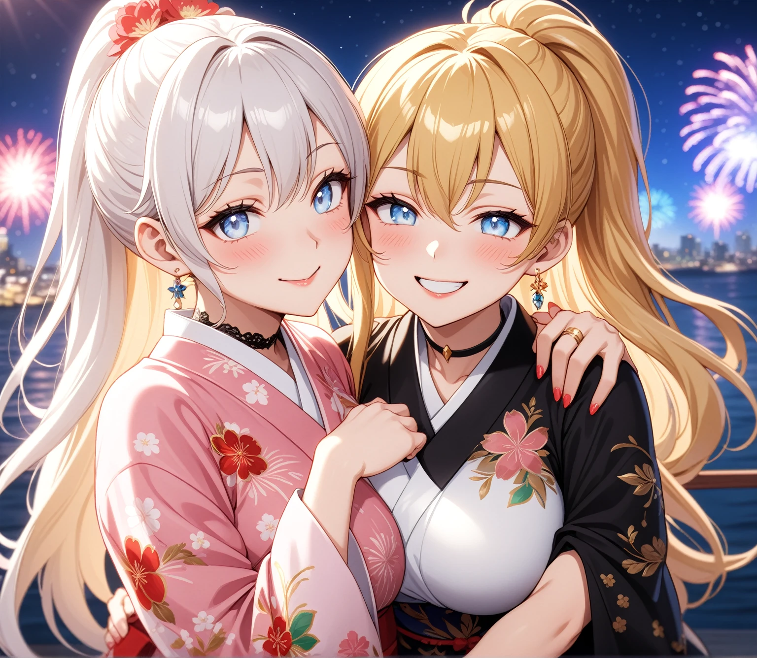 ((Two Women)), Beautiful Face, (Laughing embarrassedly), ((smirk)), ((Wink:1.8)), ((hug from behind:1.3)), Laugh with your mouth wide open,((Bright red cheeks:1.4)),Shiny red lips, night,横浜のnight景,You can see the ocean, firework,Glossy pink lips,Facial lighting,((Anime style background)),masterpiece, Highest quality, so beautiful,up to date, Complex details, (4fingers and 1thumbs), (Pink long nails), (ring),(bracelet),(choker),AI-generated, Complex,High resolution, Highest quality, super high quality,3D Images、3D Images,One person,Long white hair in a high ponytail, ((Fine grain、Silvery white eyes、Shining Eyes:1.4)), (Squint your eyes:1.1), Long blonde hair in a high ponytail, ((Fine grain、Blue-white eyes、Shining Eyes:1.4)), (Squint your eyes:1.1), Anime woman posing for a photo, a hyperRealistic , hyperRealistic , Realistic,Anime woman with long white hair, Smooth anime CG art, A woman in a colorful kimono with gold embroidery, (Black long sleeve kimono),(Pink long sleeve kimono), Red floral pattern,Long flower hair ornament,Earrings,Mature Body,(Big Breasts:1.1),Tall,Abdominal muscles,Narrow waist,(Zoom in on face),