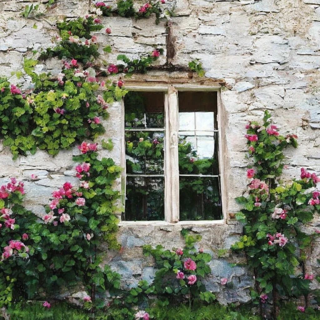 there is a window with a curtain and flowers growing on it, cottagecore!!, cottagecore, photo of a beautiful window, nature and floral aesthetics, connected to nature via vines, cottagecore flower garden, in a cottagecore flower garden, cottagecore hippie, vines and flowers, flowery cottage , masterpiece, ultra detailed, beautiful, distinct, best aesthetic, super fine illustration, climbing pink roses, rustic wooden wall, serene window, tranquil morning light, harmony with nature, 
#drawing style: Mixed Media 
#painting method: Impasto,pointier painting method, pointillism technique, repoussoir, Sfumato, Detailing oil pastel art, impressionism, Van Gogh style, Detailing digital painting