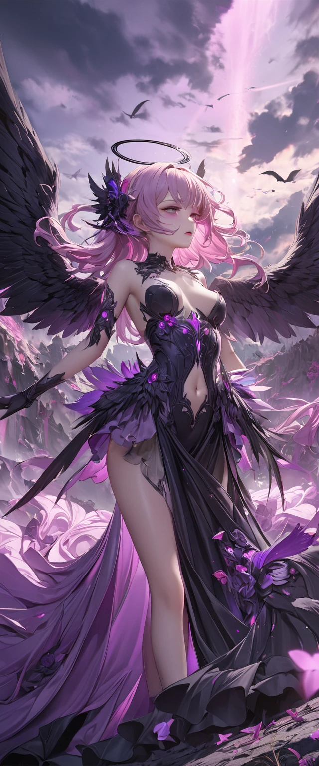 best quality, super fine, 16k, incredibly absurdres, extremely detailed, 2.5D, delicate and dynamic depiction, beautiful fallen angel clad in purple pink and dark darkness, amorous and lewd expression, beautiful pastel-colored landscape reminiscent of heaven, effect that mimics the struggle between opposing forces