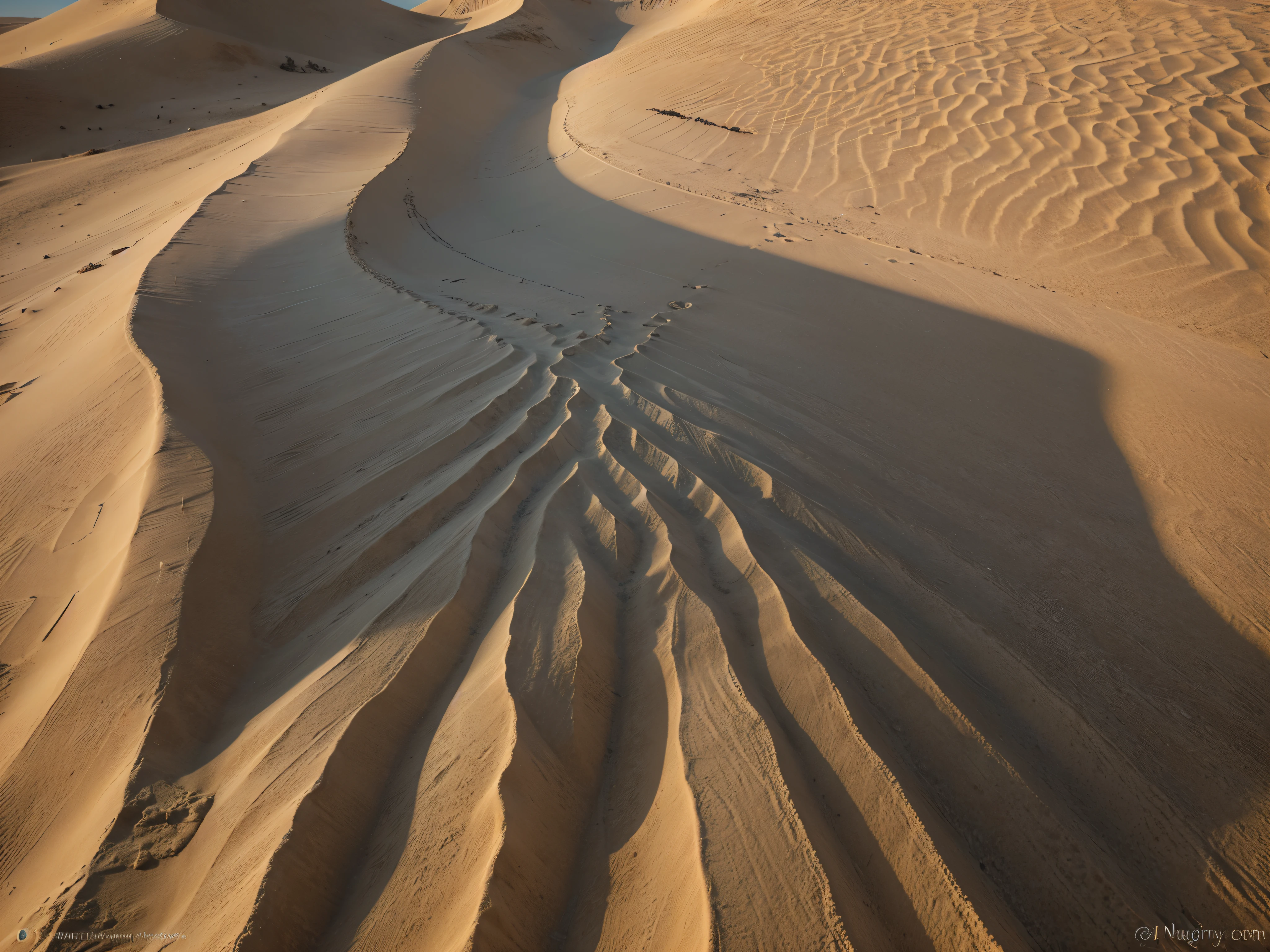 The desert landscape is a mesmerizing tapestry of undulating sand dunes and intricate patterns formed by wind erosion. The primary subject of this image is the vast expanse of the desert, showcasing the natural beauty and unique textures created by the forces of nature. This visually stunning photograph captures the contrast between the smooth, rolling dunes and the sharp, detailed patterns etched into the sand. The colors range from warm earth tones to cool blues and greys, blending seamlessly in a harmonious display of texture and form. Every detail is crisp and clear, inviting viewers to immerse themselves in the serene and captivating beauty of the desert landscape.