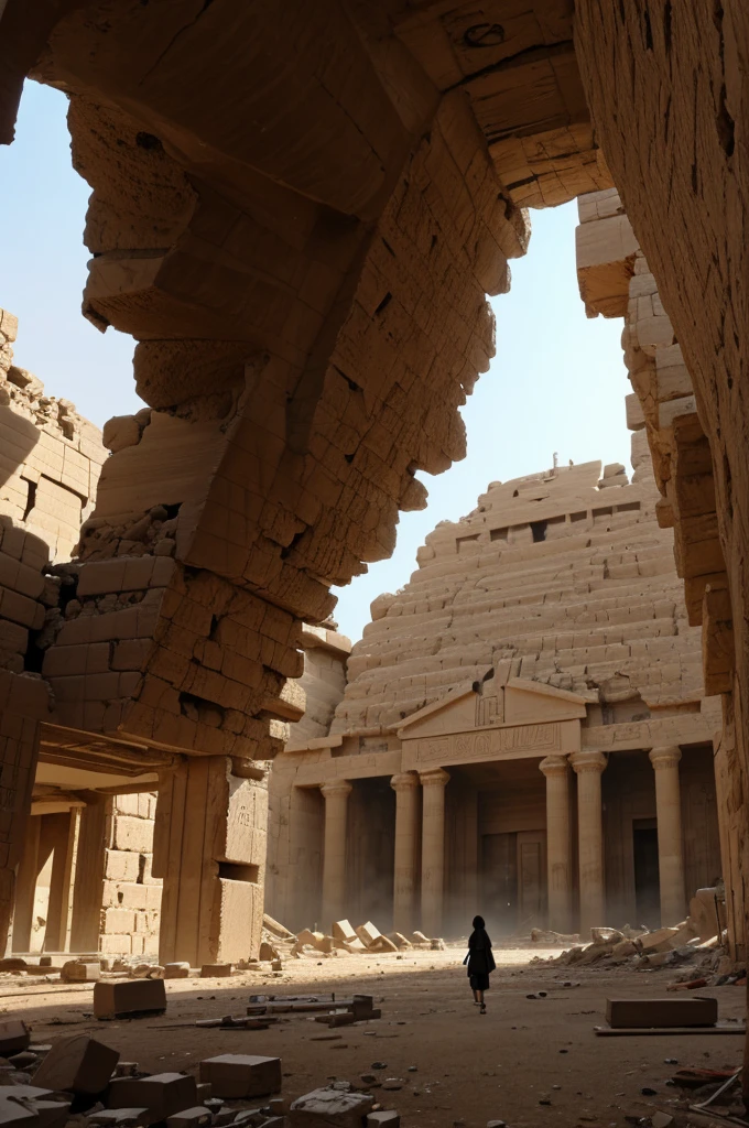 Manga page girl sandy atmosphere place destroyed civilization Egypt hiding from giant minhoca monster 