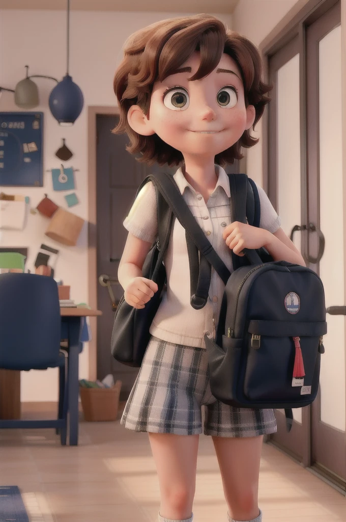 Short hair girl going to school with her backpack in her house 