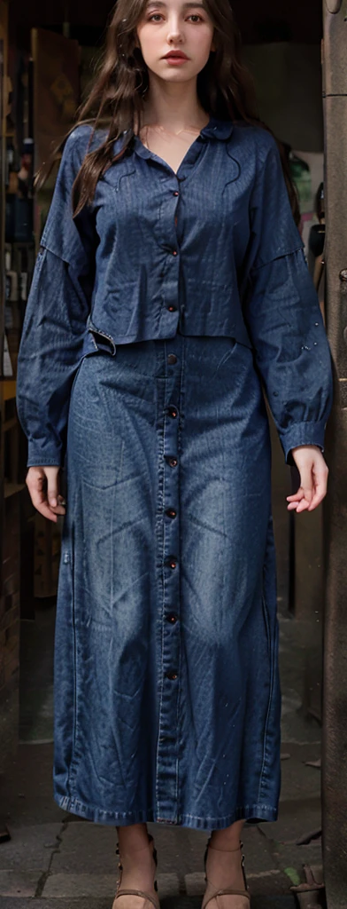 full body potrait of french woman, wearing dark blue denim dress with open up button, perfect clothes, symmetrical clothes, realistic face, model pose, long hair,