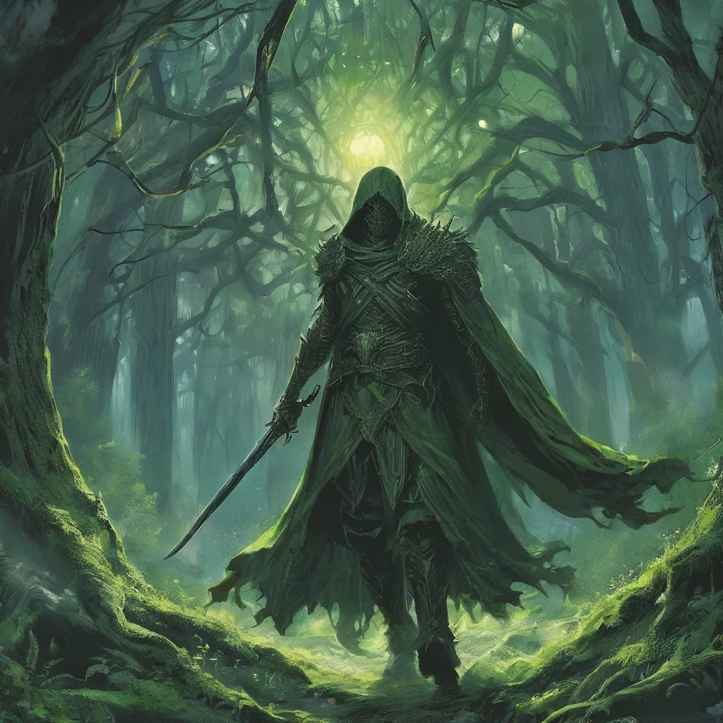 Amidst the ancient, towering trees of the Shadowwood Forest, a lone figure emerges from the mist, his short, curly brown hair tousled by the breeze. Clad in a rugged traveler's outfit of weathered leather and faded wool, adorned with patches and subtle embroidery of forgotten runes, he stands at the forest's edge, his gaze fixed on the distant horizon.

His cloak, a deep shade of forest green, billows gently behind him, revealing the faint glint of a hidden dagger strapped to his belt. The hilt of a sword peeks over his shoulder, its blade etched with runes of protection against the forest's dark magic.

Around him, the air hums with the secrets of ages past, and the trees seem to whisper ancient incantations. He is no stranger to the perils of the Shadowwood—its twisting paths, elusive spirits, and lurking creatures that blend seamlessly with the shadows. Yet, he presses on with a determination fueled by a quest for lost knowledge or a mission sworn to an ancient oath.

As he pauses to survey the forest's depths, shafts of pale moonlight filter through the canopy, casting an ethereal glow on the moss-covered ground. With each step deeper into the unknown, he inches closer to uncovering the forest's mysteries—be they the key to saving a kingdom or unlocking his own destiny in this realm of dark medieval fantasy."