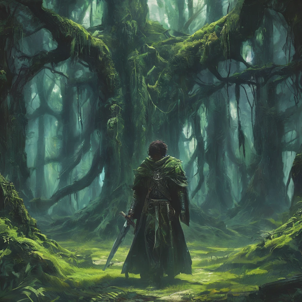 Amidst the ancient, towering trees of the Shadowwood Forest, a lone figure emerges from the mist, his short, curly brown hair tousled by the breeze. Clad in a rugged traveler's outfit of weathered leather and faded wool, adorned with patches and subtle embroidery of forgotten runes, he stands at the forest's edge, his gaze fixed on the distant horizon.

His cloak, a deep shade of forest green, billows gently behind him, revealing the faint glint of a hidden dagger strapped to his belt. The hilt of a sword peeks over his shoulder, its blade etched with runes of protection against the forest's dark magic.

Around him, the air hums with the secrets of ages past, and the trees seem to whisper ancient incantations. He is no stranger to the perils of the Shadowwood—its twisting paths, elusive spirits, and lurking creatures that blend seamlessly with the shadows. Yet, he presses on with a determination fueled by a quest for lost knowledge or a mission sworn to an ancient oath.

As he pauses to survey the forest's depths, shafts of pale moonlight filter through the canopy, casting an ethereal glow on the moss-covered ground. With each step deeper into the unknown, he inches closer to uncovering the forest's mysteries—be they the key to saving a kingdom or unlocking his own destiny in this realm of dark medieval fantasy."