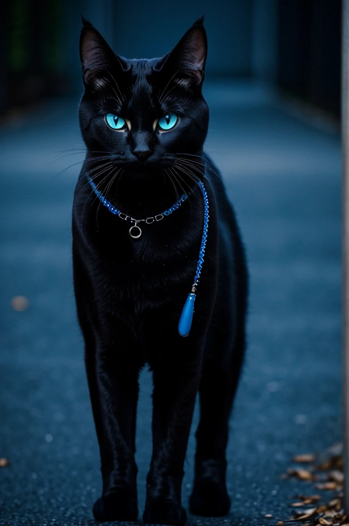 A hunter black cat his eyes are blowing blue colour wearing leather's clothes white and blue necklace oh his neck. Dark background. (Dark place) full body cats walking in night time ((showing few long distance )) (dark background seen )
